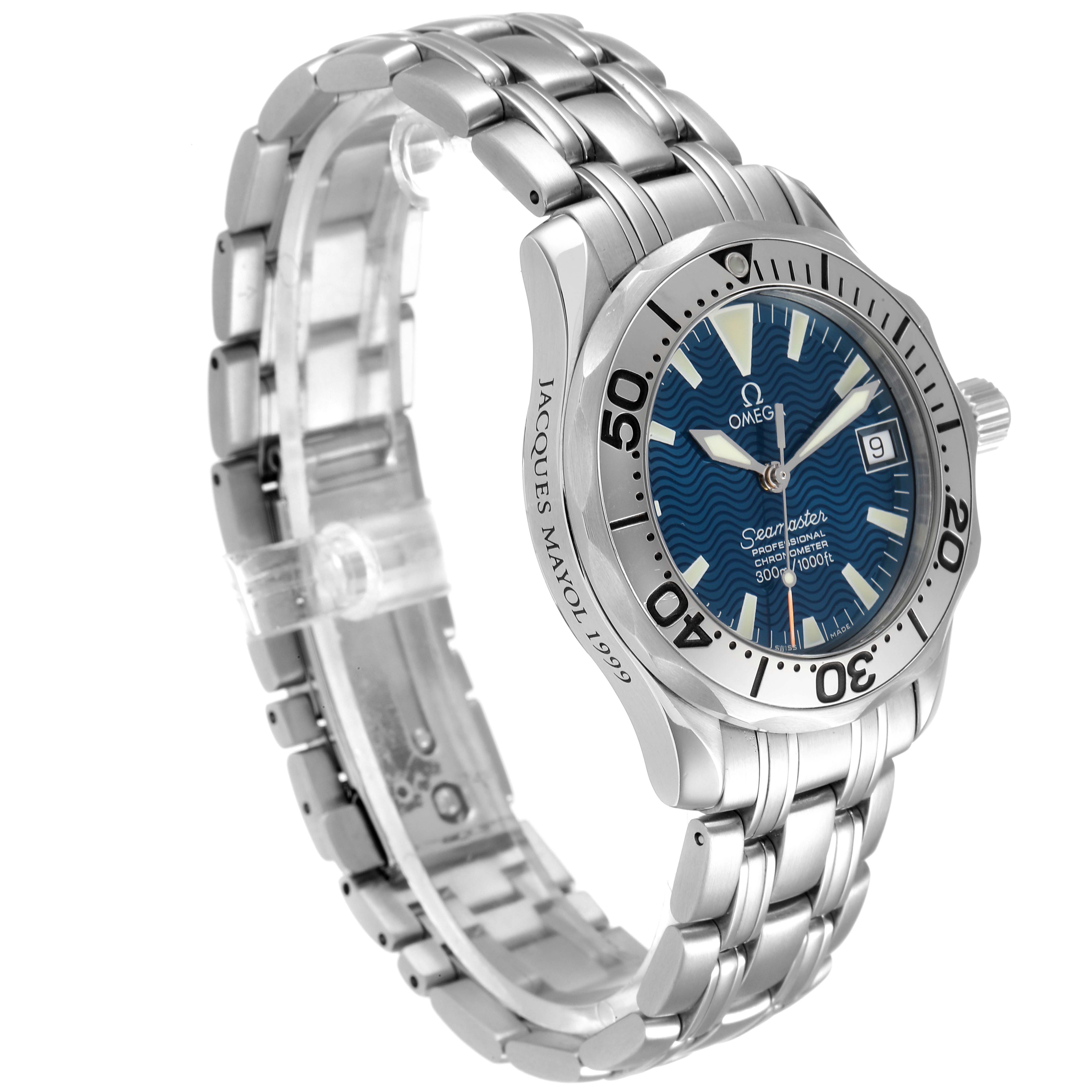 This image shows an angled view of an Omega Seamaster 2554.80.00 Men's Stainless Steel Blue Dial 2554.80.00 Men's Stainless Steel Blue Dial watch, highlighting the face, bezel, and metal bracelet band.