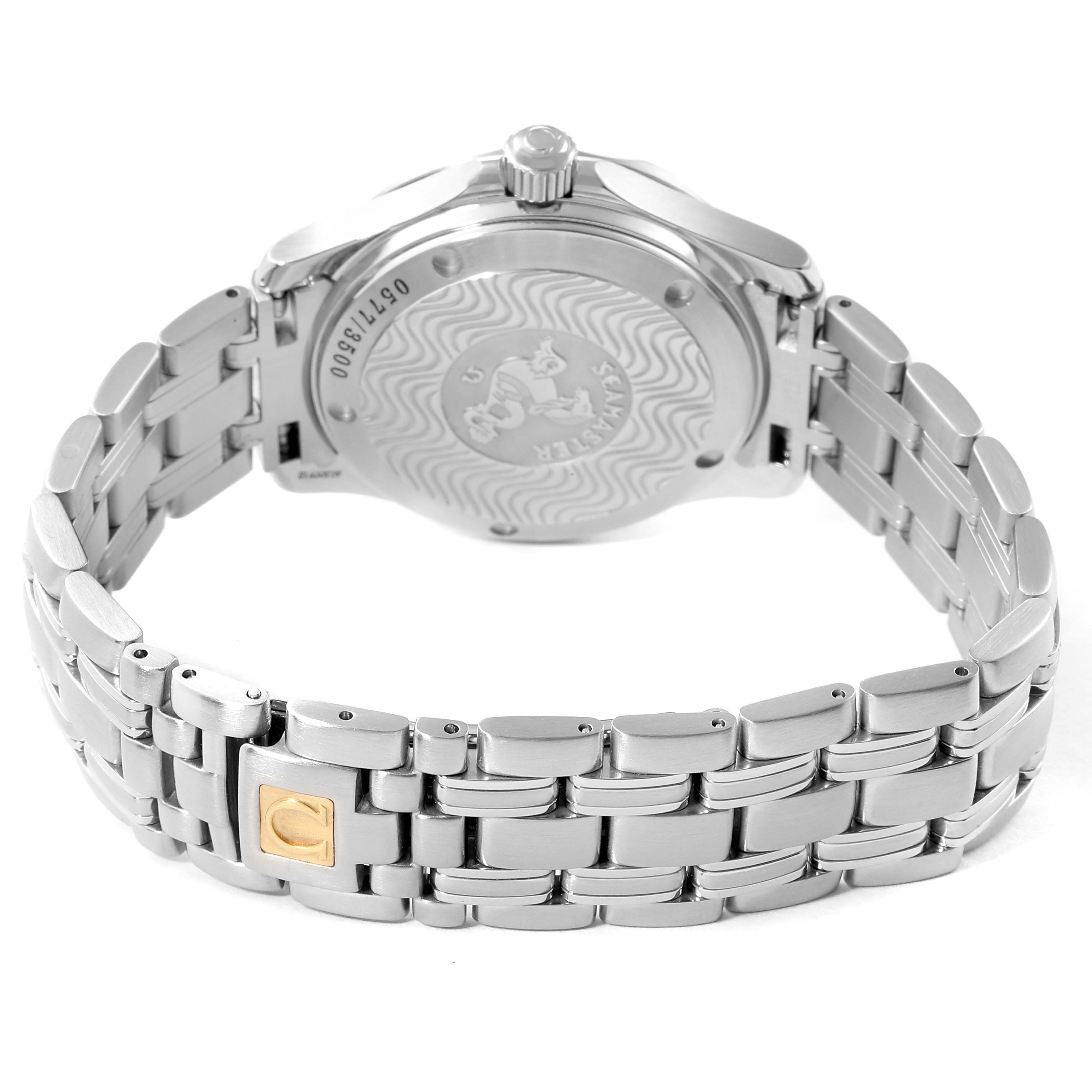 This image shows the back case and bracelet of the Omega Seamaster 2554.80.00 Men's Stainless Steel Blue Dial 2554.80.00 Men's Stainless Steel Blue Dial watch, highlighting the engraved back and the metal bracelet with a gold accent.