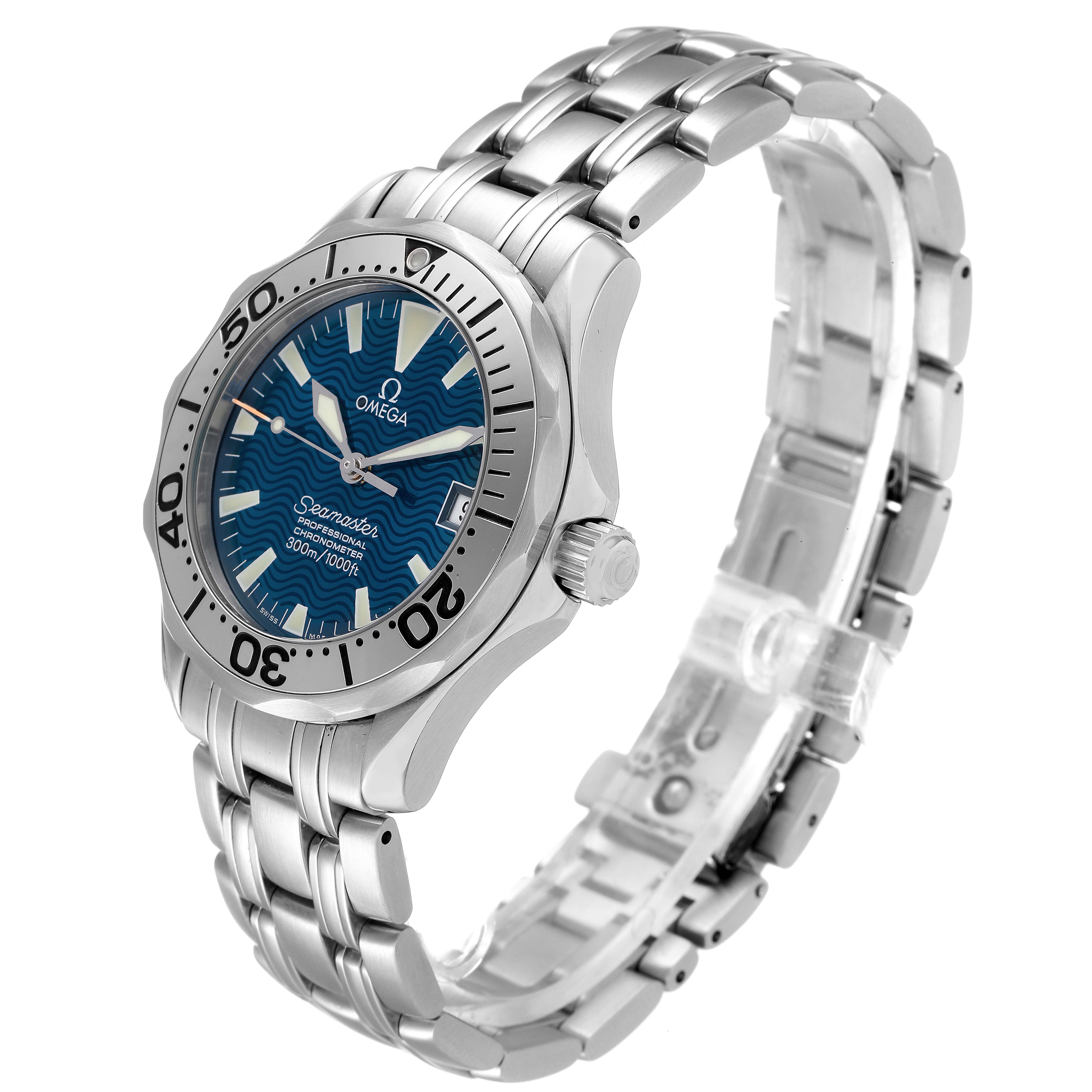 The Omega Seamaster 2554.80.00 Men's Stainless Steel Blue Dial 2554.80.00 Men's Stainless Steel Blue Dial watch is shown at a three-quarter angle, displaying its face, bezel, crown, and metal bracelet.