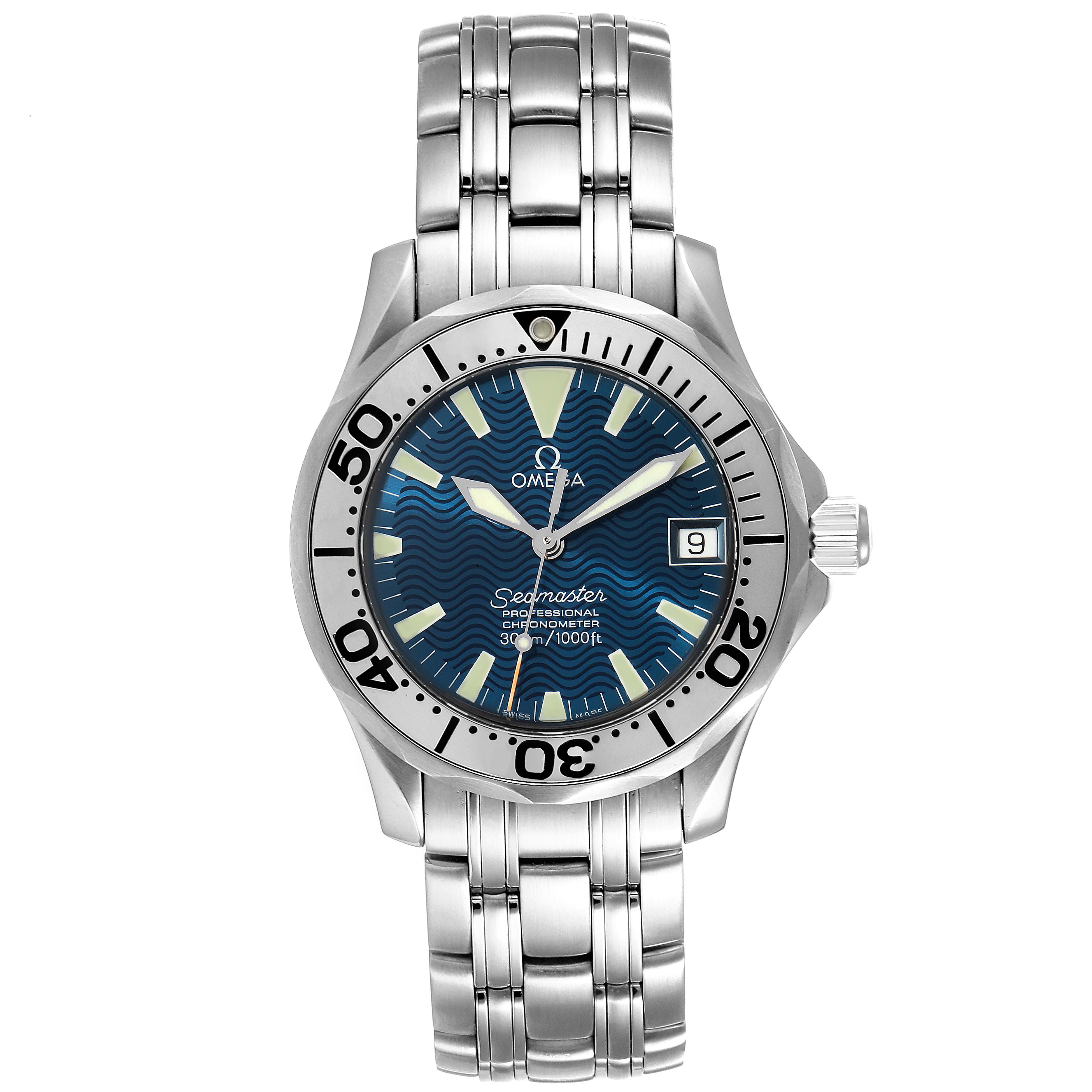 The image shows a front view of the Omega Seamaster 2554.80.00 Men's Stainless Steel Blue Dial 2554.80.00 Men's Stainless Steel Blue Dial watch, displaying its face, bezel, and bracelet.