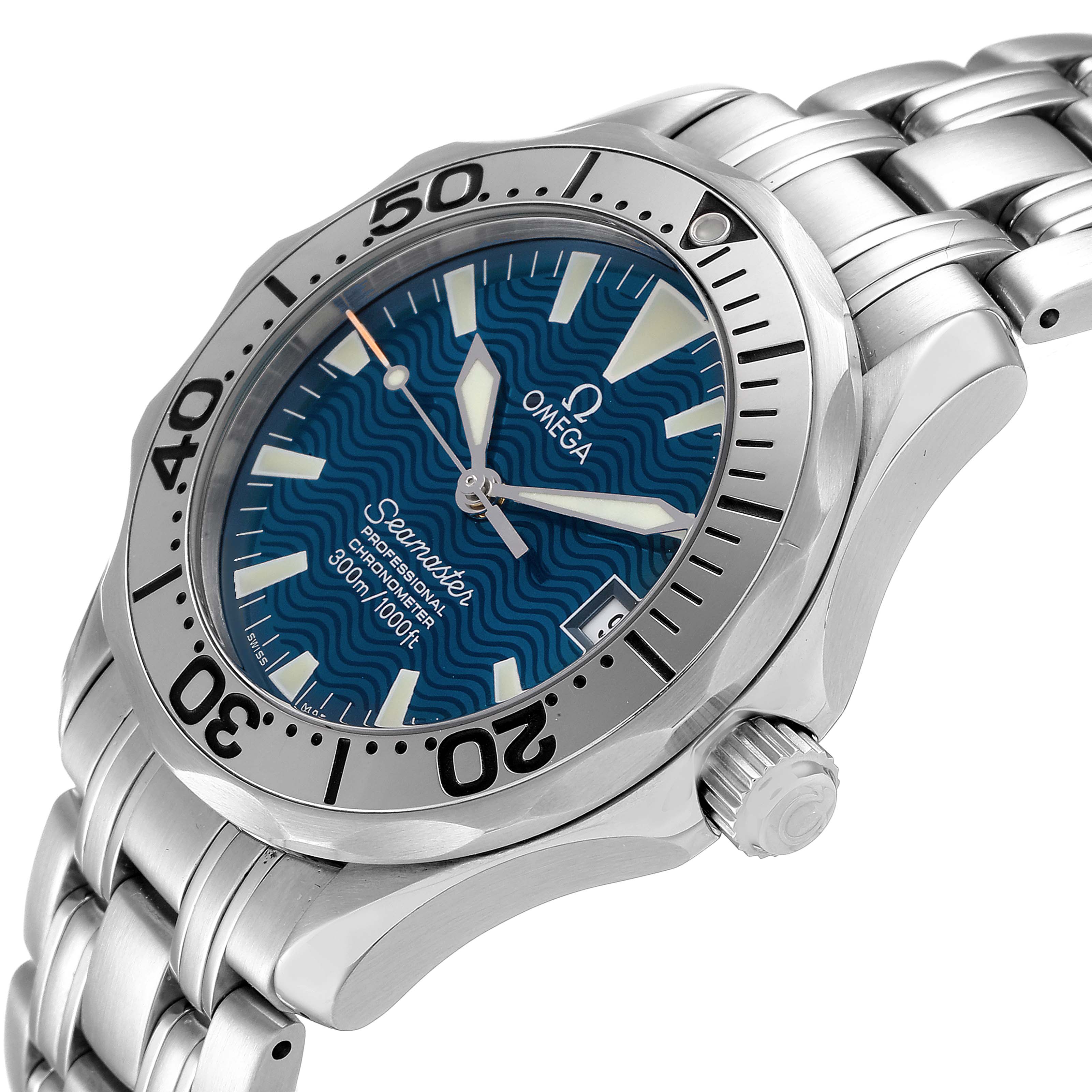 The Omega Seamaster 2554.80.00 Men's Stainless Steel Blue Dial 2554.80.00 Men's Stainless Steel Blue Dial watch is shown in a three-quarter view, highlighting its bezel, crown, bracelet, and wave-patterned blue dial.