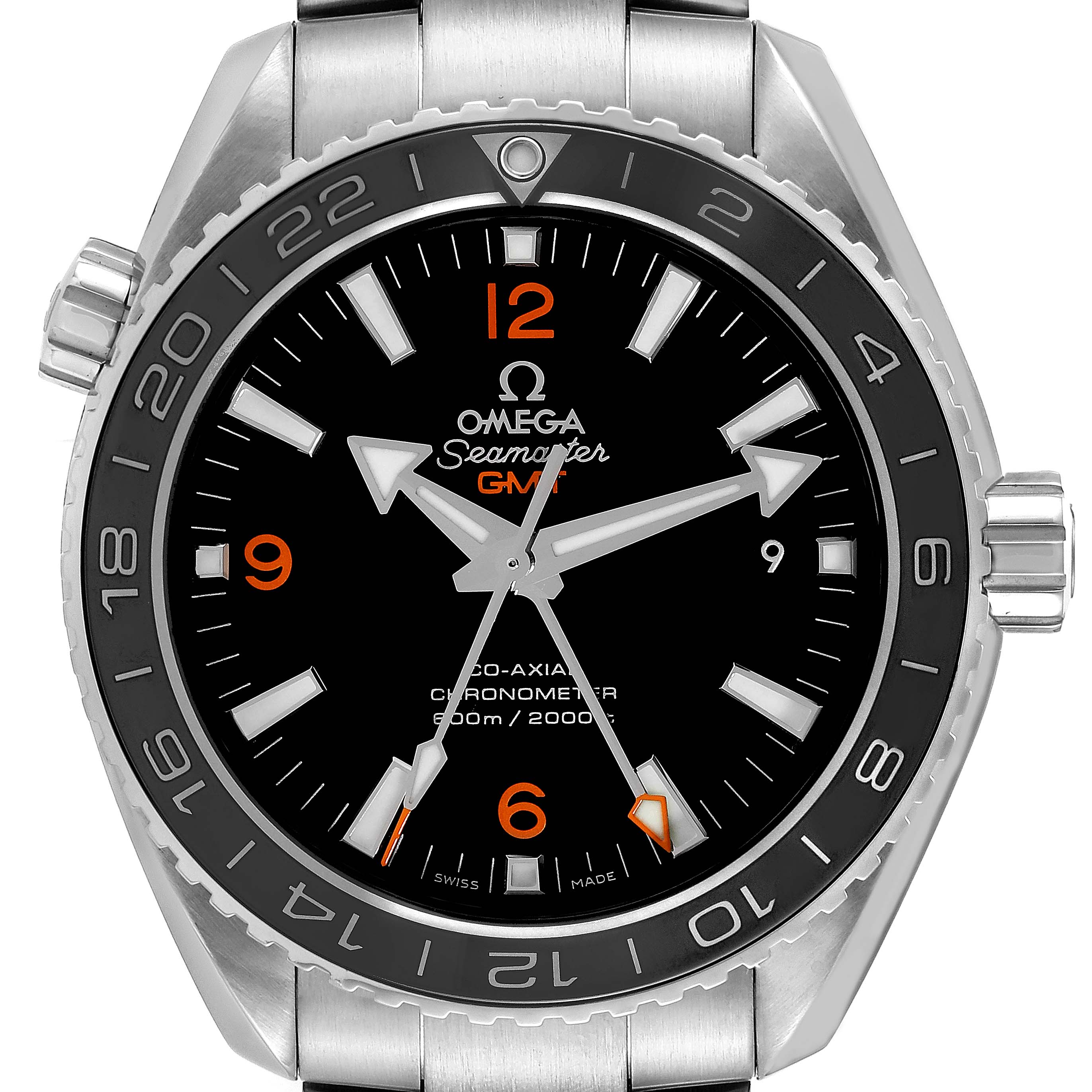 This image shows the dial and bezel of the Omega Planet Ocean 232.30.44.22.01.002 Men's Stainless Steel Black Dial 232.30.44.22.01.002 Men's Stainless Steel Black Dial Seamaster watch from a front-angle view.