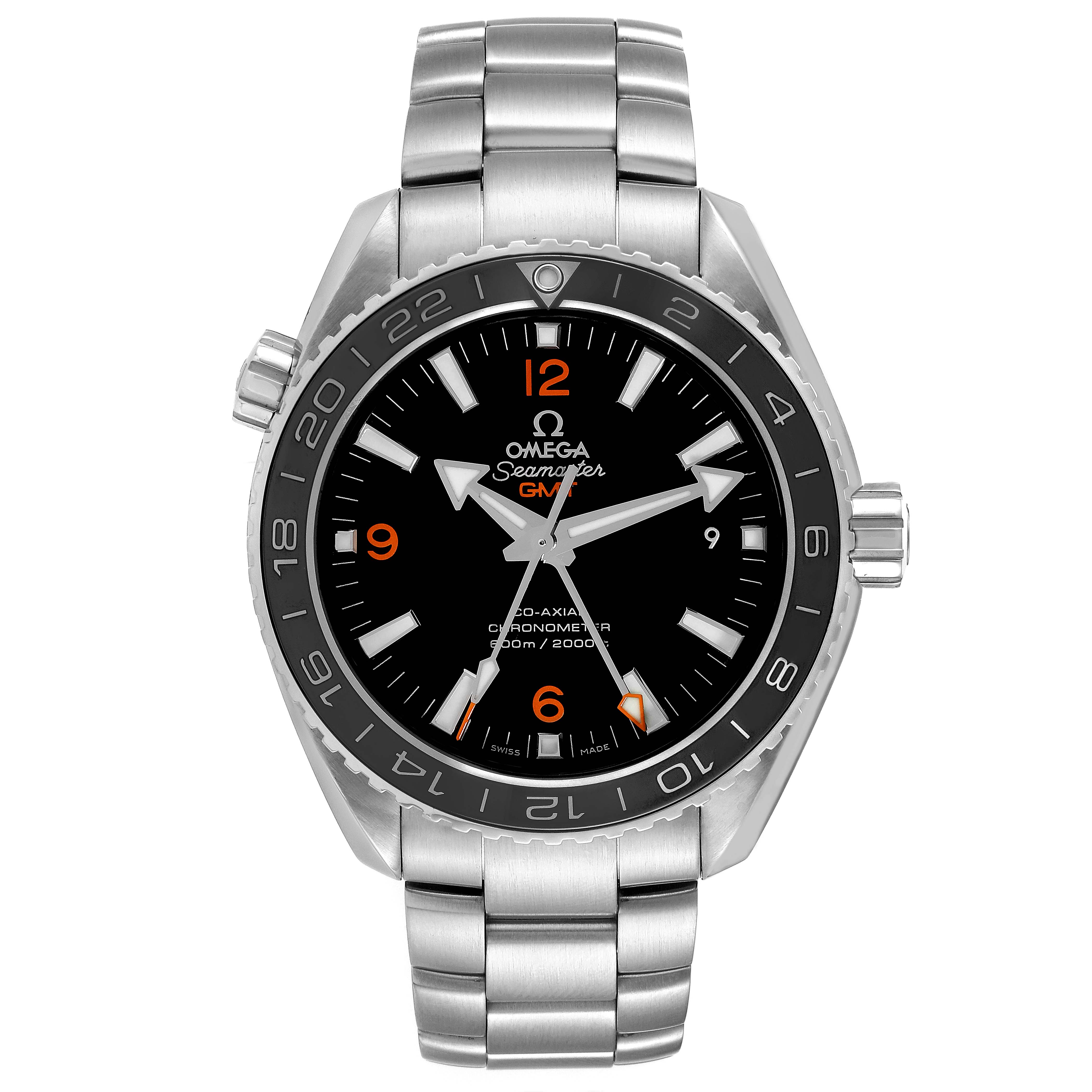 The image shows the Omega Planet Ocean 232.30.44.22.01.002 Men's Stainless Steel Black Dial 232.30.44.22.01.002 Men's Stainless Steel Black Dial watch from a front angle, displaying its dial, bezel, crown, and metal strap.