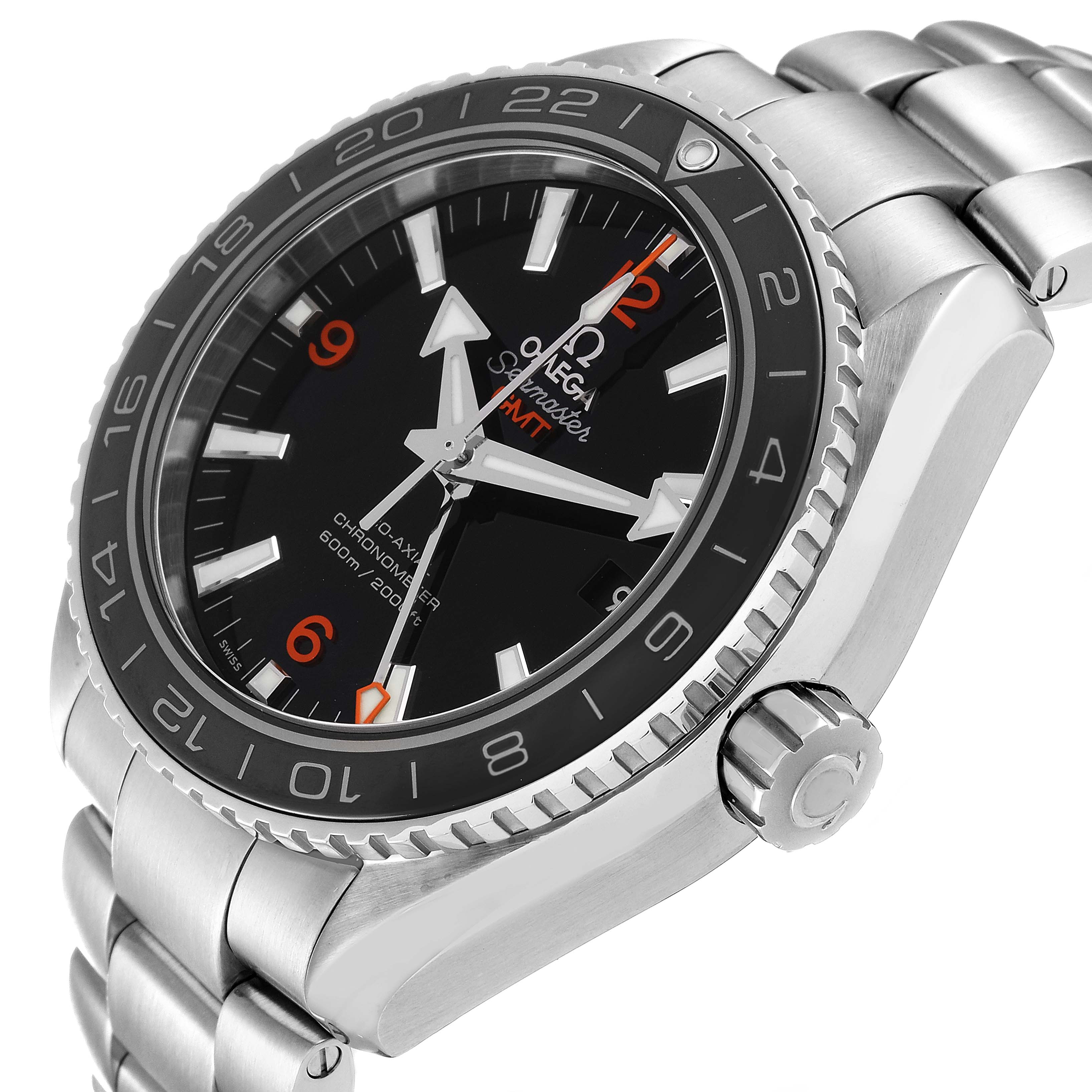 The image shows the Omega Planet Ocean 232.30.44.22.01.002 Men's Stainless Steel Black Dial 232.30.44.22.01.002 Men's Stainless Steel Black Dial watch from an angle that highlights the face, bezel, crown, and part of the metal bracelet.
