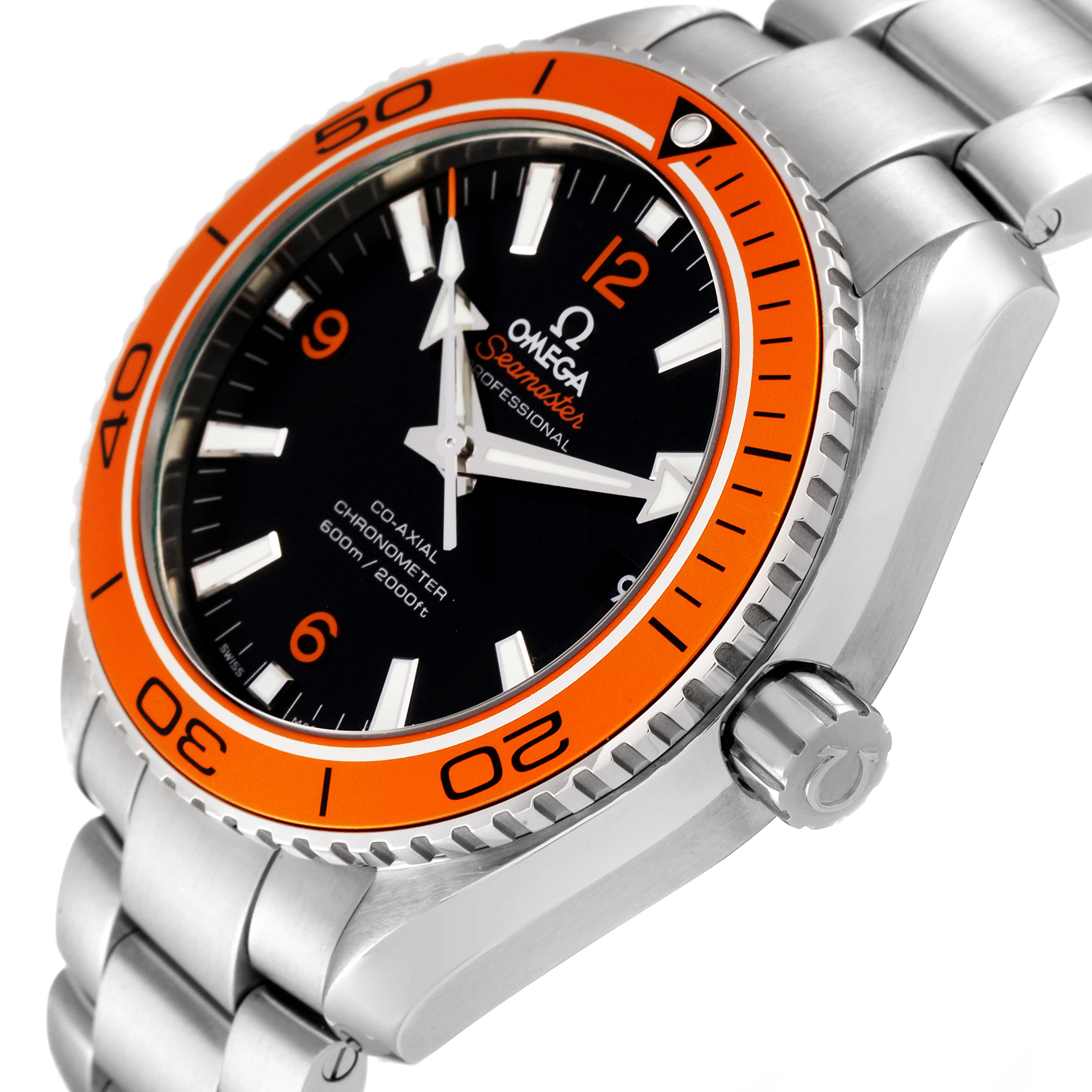 This image shows a close-up, angled view of the Omega Planet Ocean 232.30.42.21.01.002 Men's Stainless Steel Black Dial 232.30.42.21.01.002 Men's Stainless Steel Black Dial watch, highlighting the dial, orange bezel, and crown.