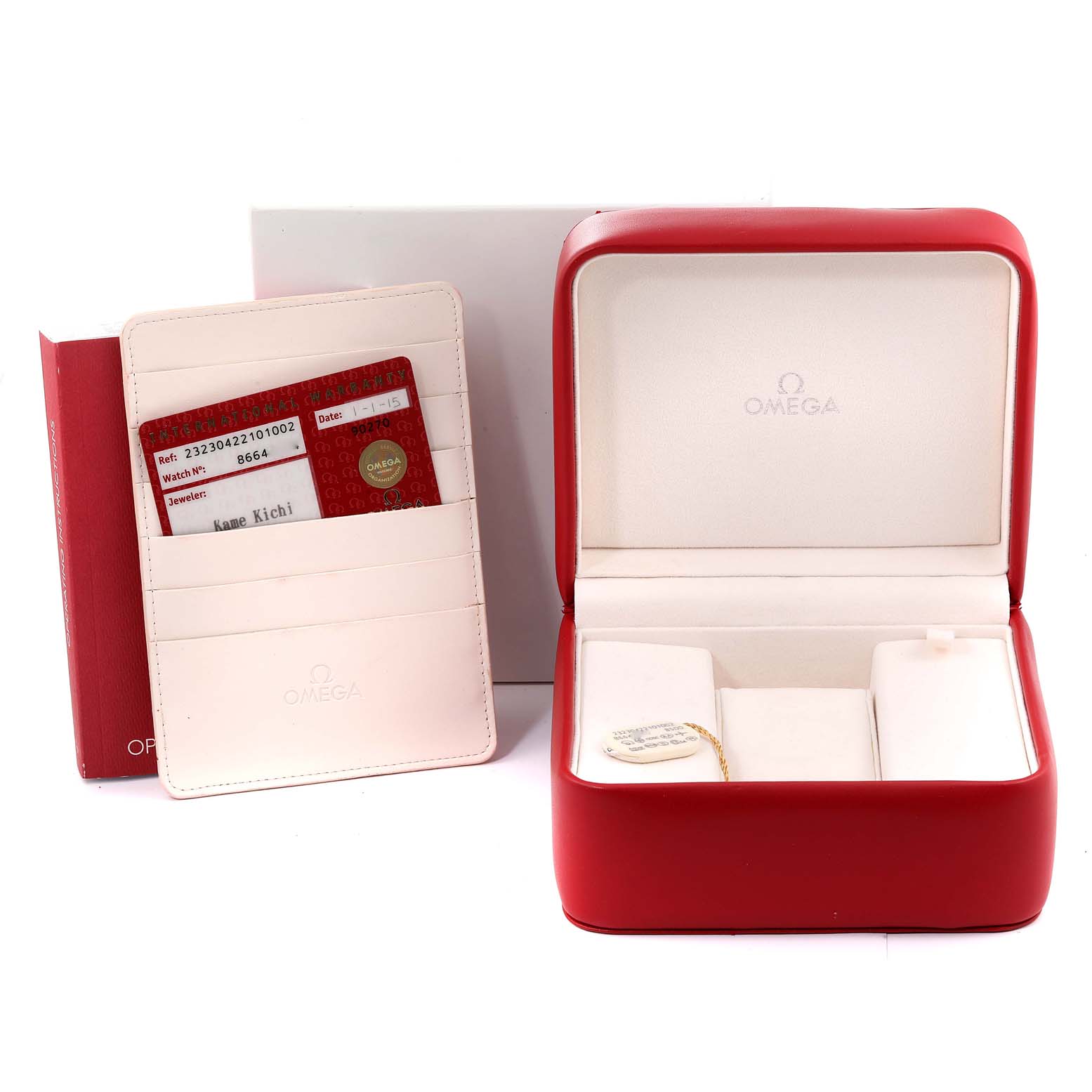 The image shows the Omega Planet Ocean 232.30.42.21.01.002 Men's Stainless Steel Black Dial 232.30.42.21.01.002 Men's Stainless Steel Black Dial watch box, warranty card, and holder from a front angle.