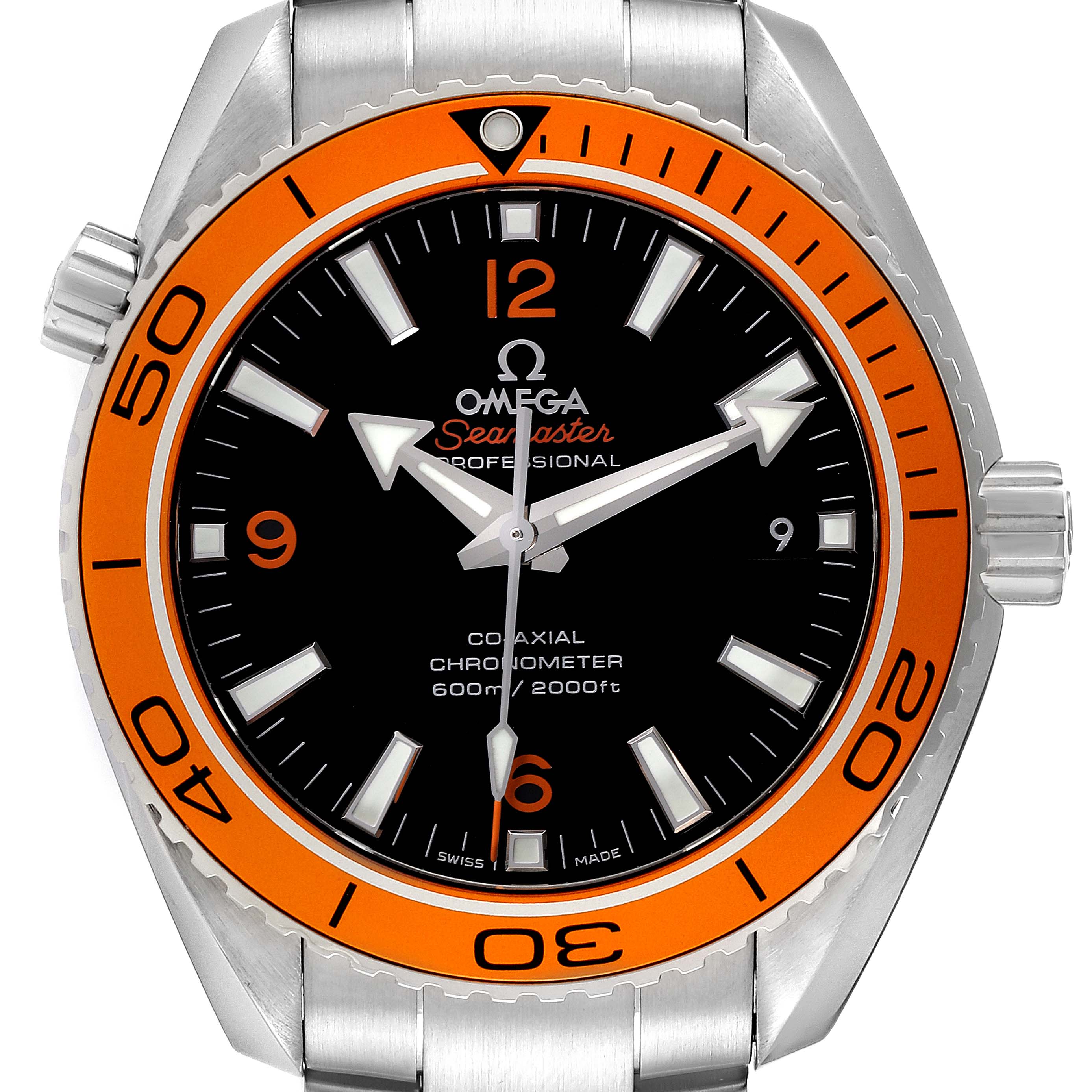 The image shows a front view of the Omega Planet Ocean 232.30.42.21.01.002 Men's Stainless Steel Black Dial 232.30.42.21.01.002 Men's Stainless Steel Black Dial watch, highlighting its orange bezel and black dial.