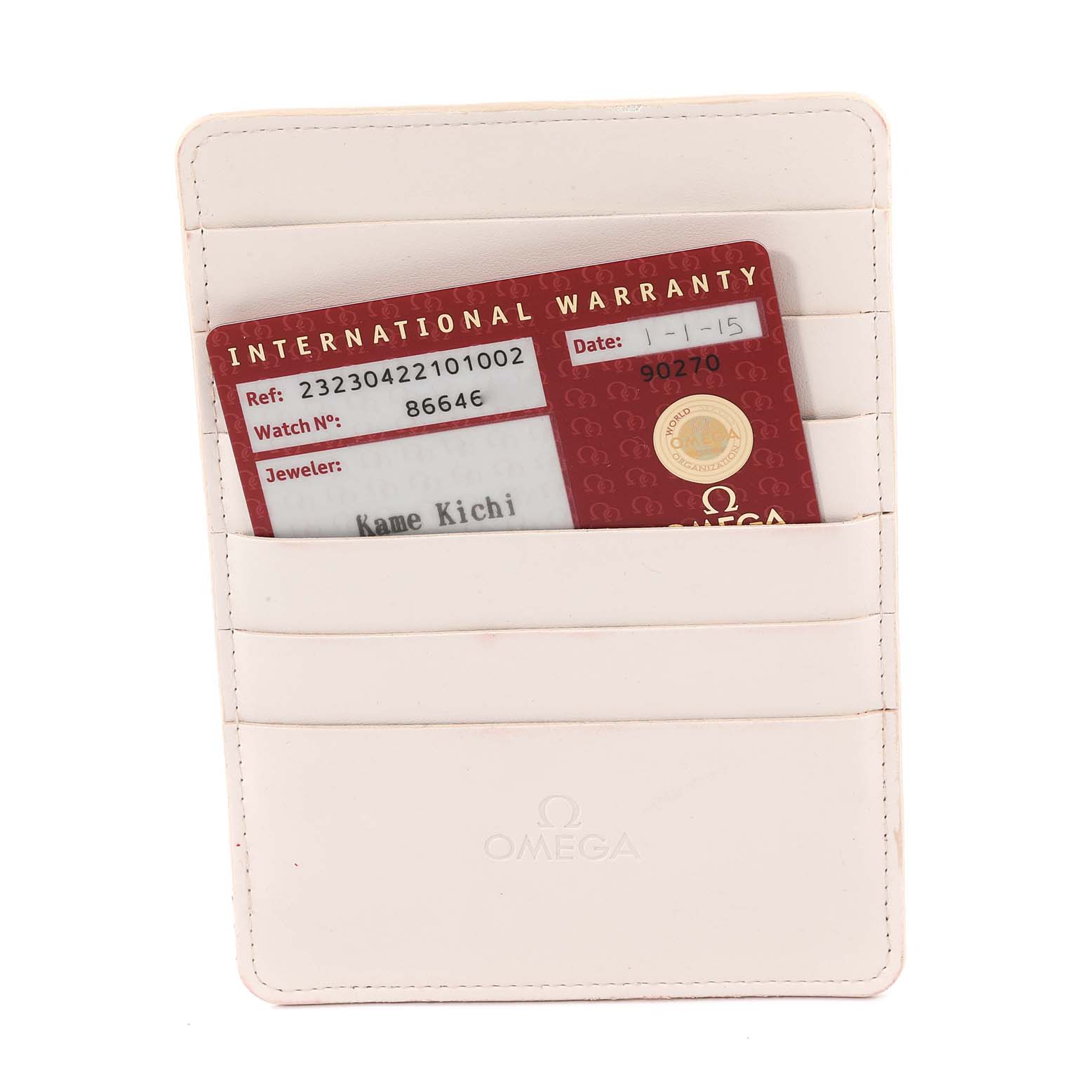 The image shows the international warranty card for an Omega Planet Ocean 232.30.42.21.01.002 Men's Stainless Steel Black Dial 232.30.42.21.01.002 Men's Stainless Steel Black Dial watch in a branded wallet.