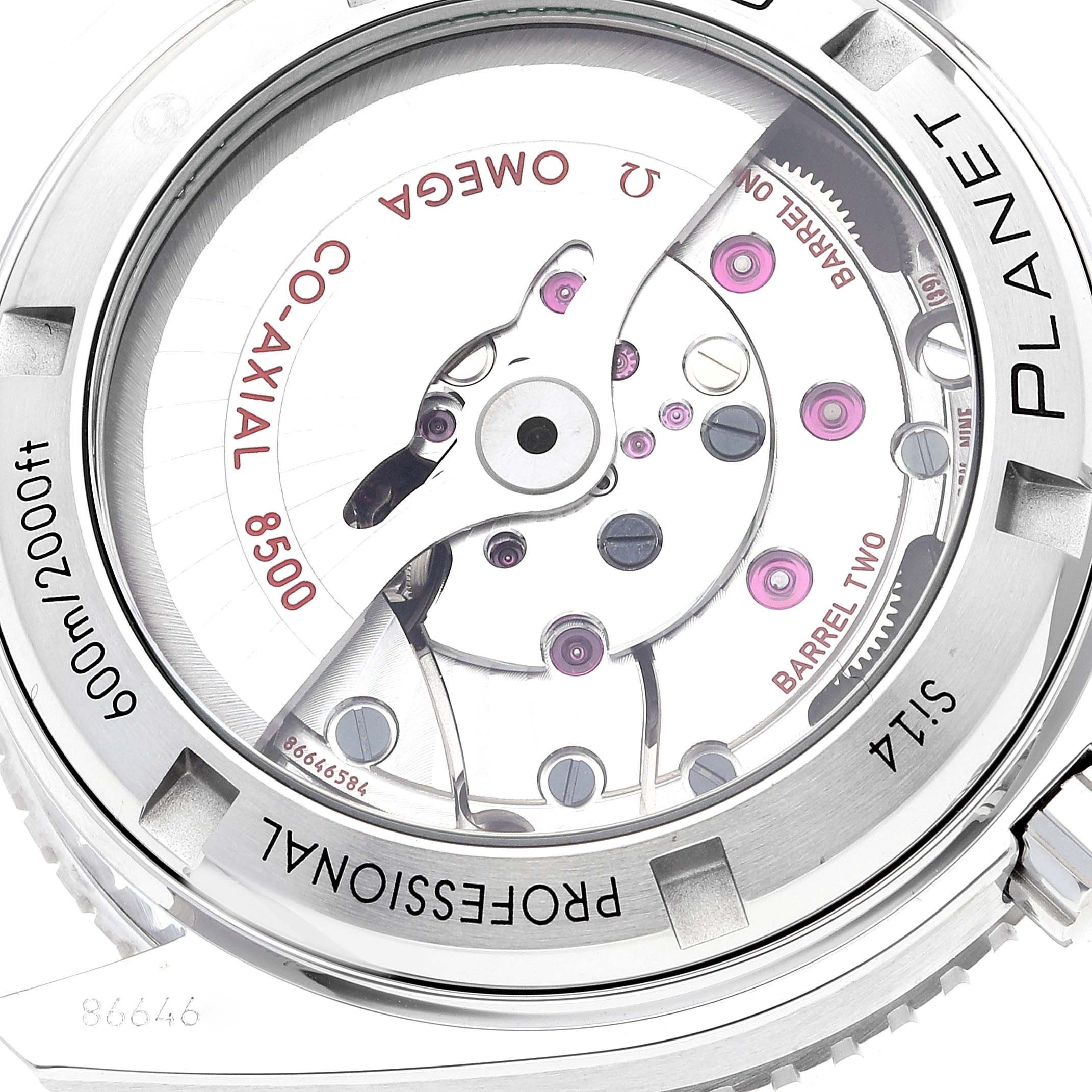 The image shows the back of the Omega Planet Ocean 232.30.42.21.01.002 Men's Stainless Steel Black Dial 232.30.42.21.01.002 Men's Stainless Steel Black Dial watch, focusing on the visible co-axial 8500 movement and internal components.