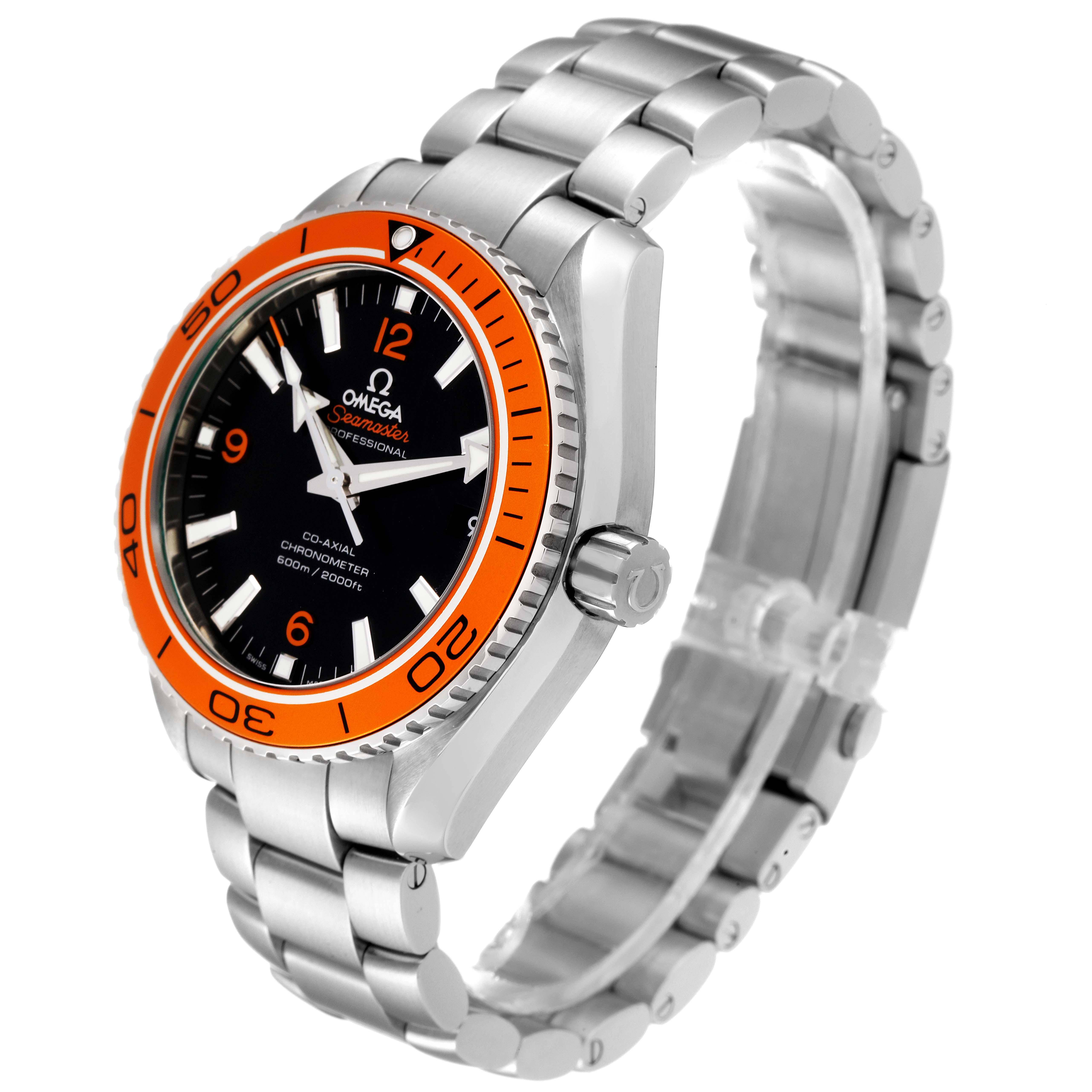 The Omega Planet Ocean 232.30.42.21.01.002 Men's Stainless Steel Black Dial 232.30.42.21.01.002 Men's Stainless Steel Black Dial watch is shown at a three-quarter angle, highlighting the face, bezel, crown, and bracelet.