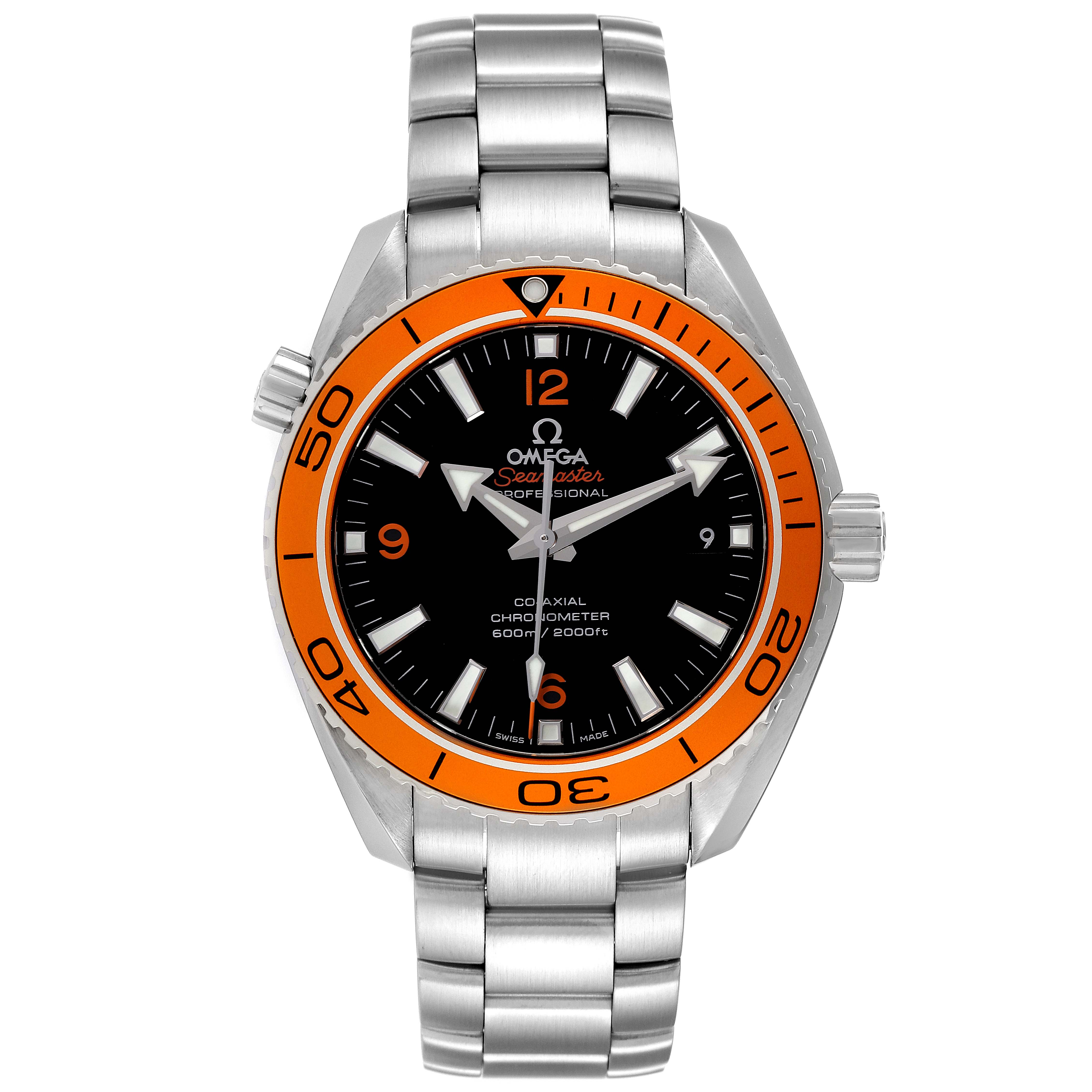 The image shows a front view of the Omega Planet Ocean 232.30.42.21.01.002 Men's Stainless Steel Black Dial 232.30.42.21.01.002 Men's Stainless Steel Black Dial watch, featuring the bezel, dial, and metal bracelet.
