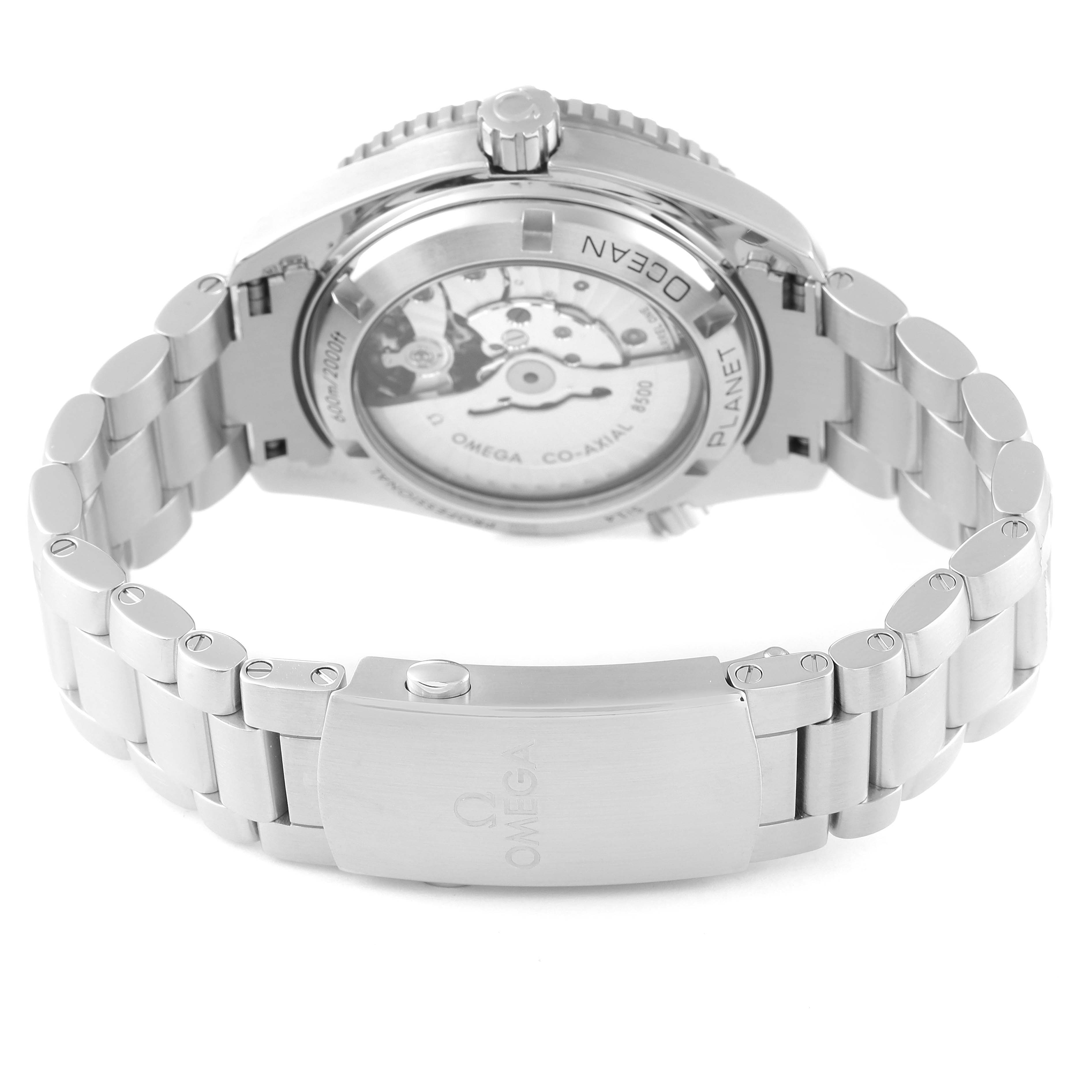 This image shows the back view and bracelet of the Omega Planet Ocean 232.30.42.21.01.002 Men's Stainless Steel Black Dial 232.30.42.21.01.002 Men's Stainless Steel Black Dial watch, highlighting its clasp and transparent case back.