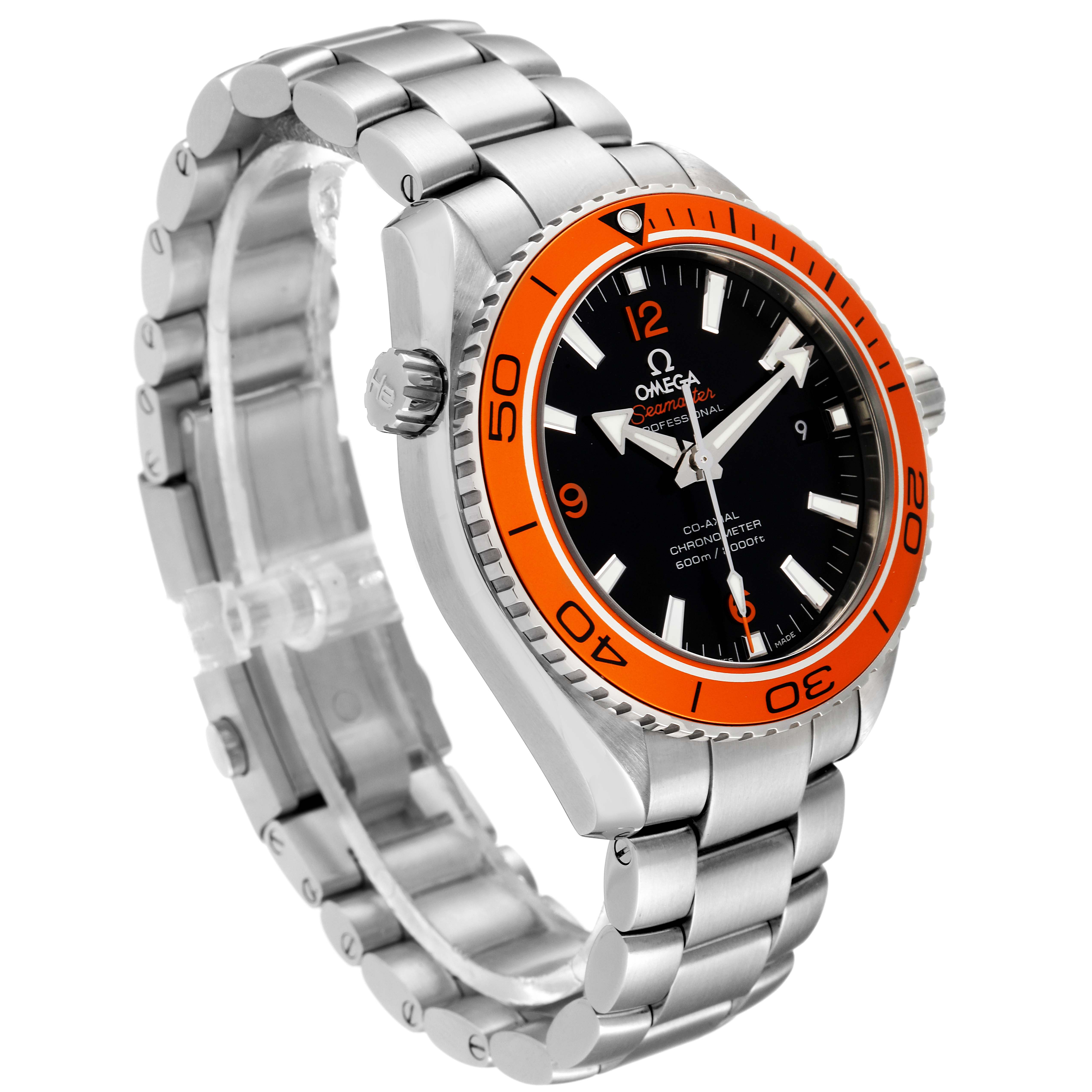 The Omega Planet Ocean 232.30.42.21.01.002 Men's Stainless Steel Black Dial 232.30.42.21.01.002 Men's Stainless Steel Black Dial model watch is shown at a three-quarter angle, displaying its orange bezel, black dial, and stainless steel bracelet.