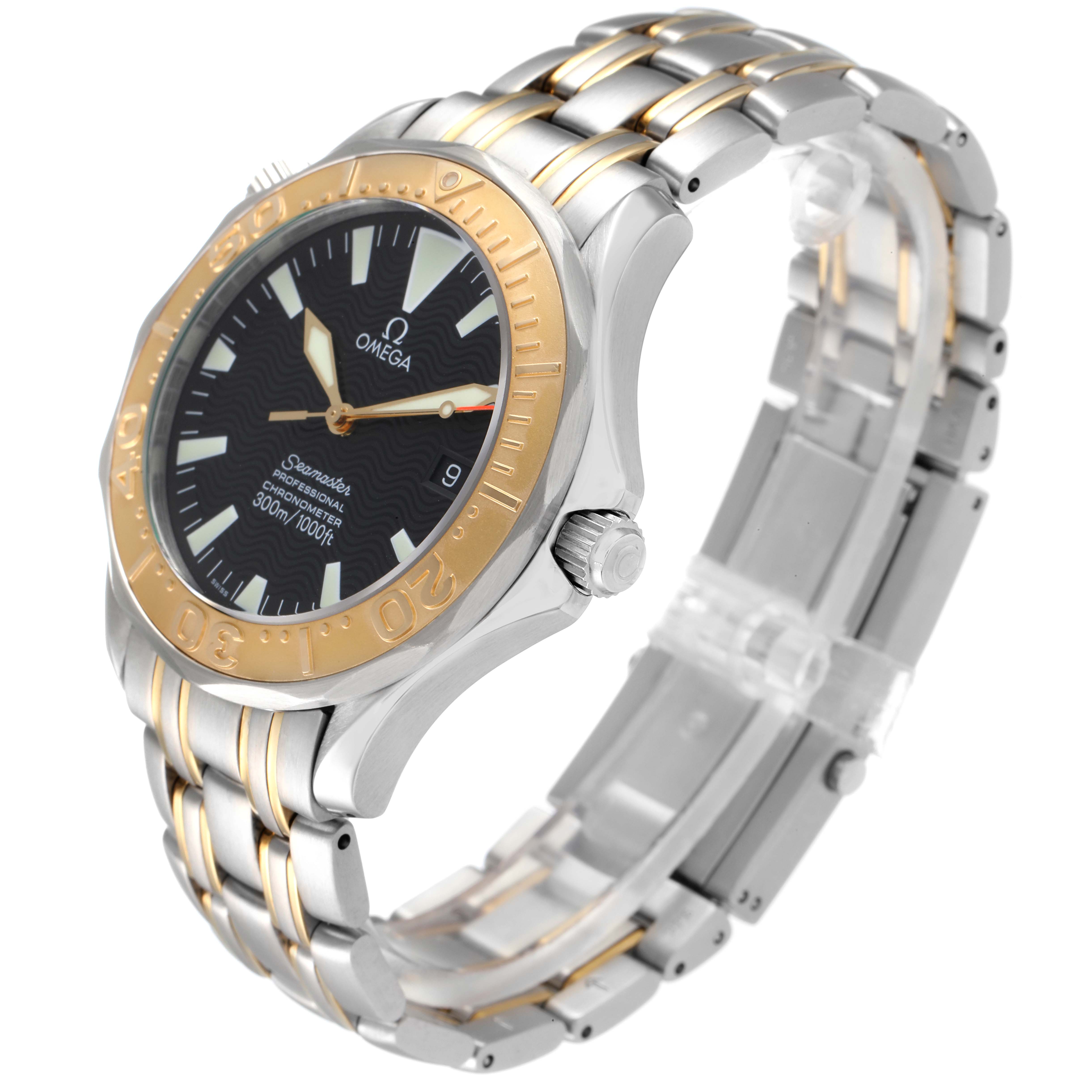 The Omega Seamaster 2455.50.00 Men's Steel and Gold (two tone) Black Dial 2455.50.00 Men's Steel and Gold (two tone) Black Dial watch is shown at an angle highlighting its face, bezel, and metal bracelet with gold accents.