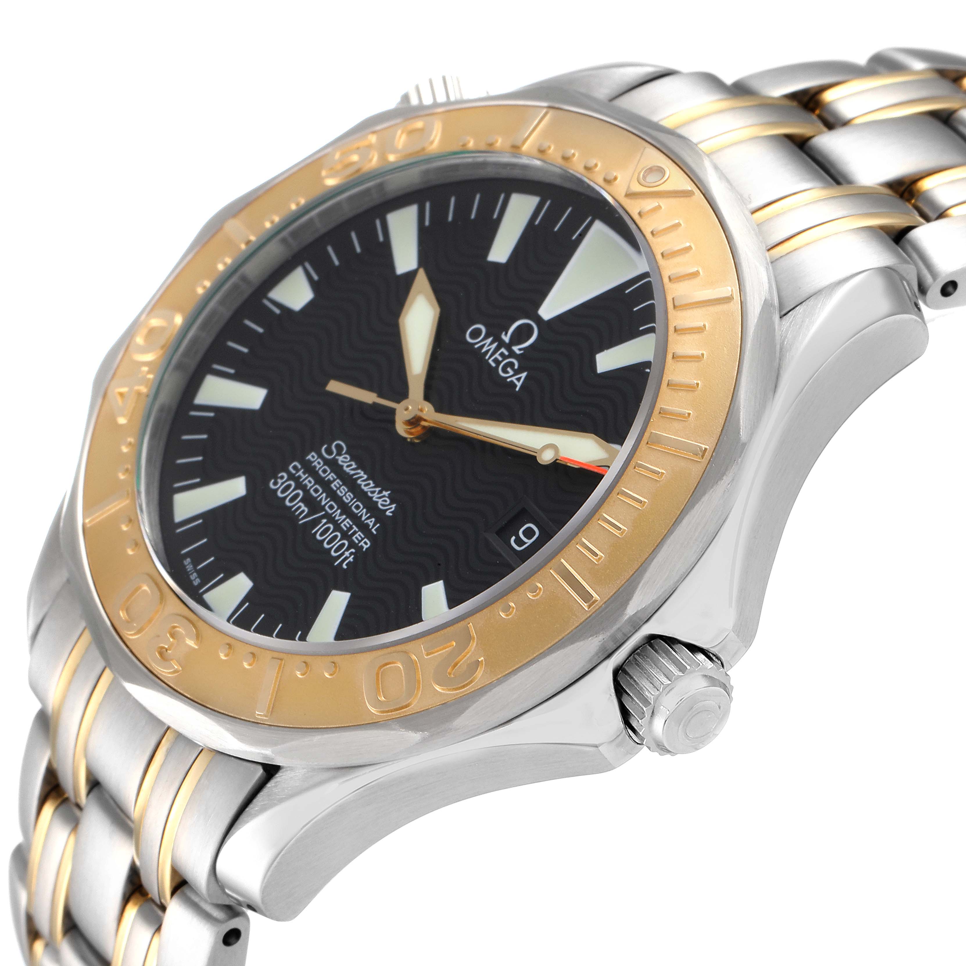 This image shows a side angled view of the Omega Seamaster 2455.50.00 Men's Steel and Gold (two tone) Black Dial 2455.50.00 Men's Steel and Gold (two tone) Black Dial watch's face, bezel, crown, and part of the bracelet.