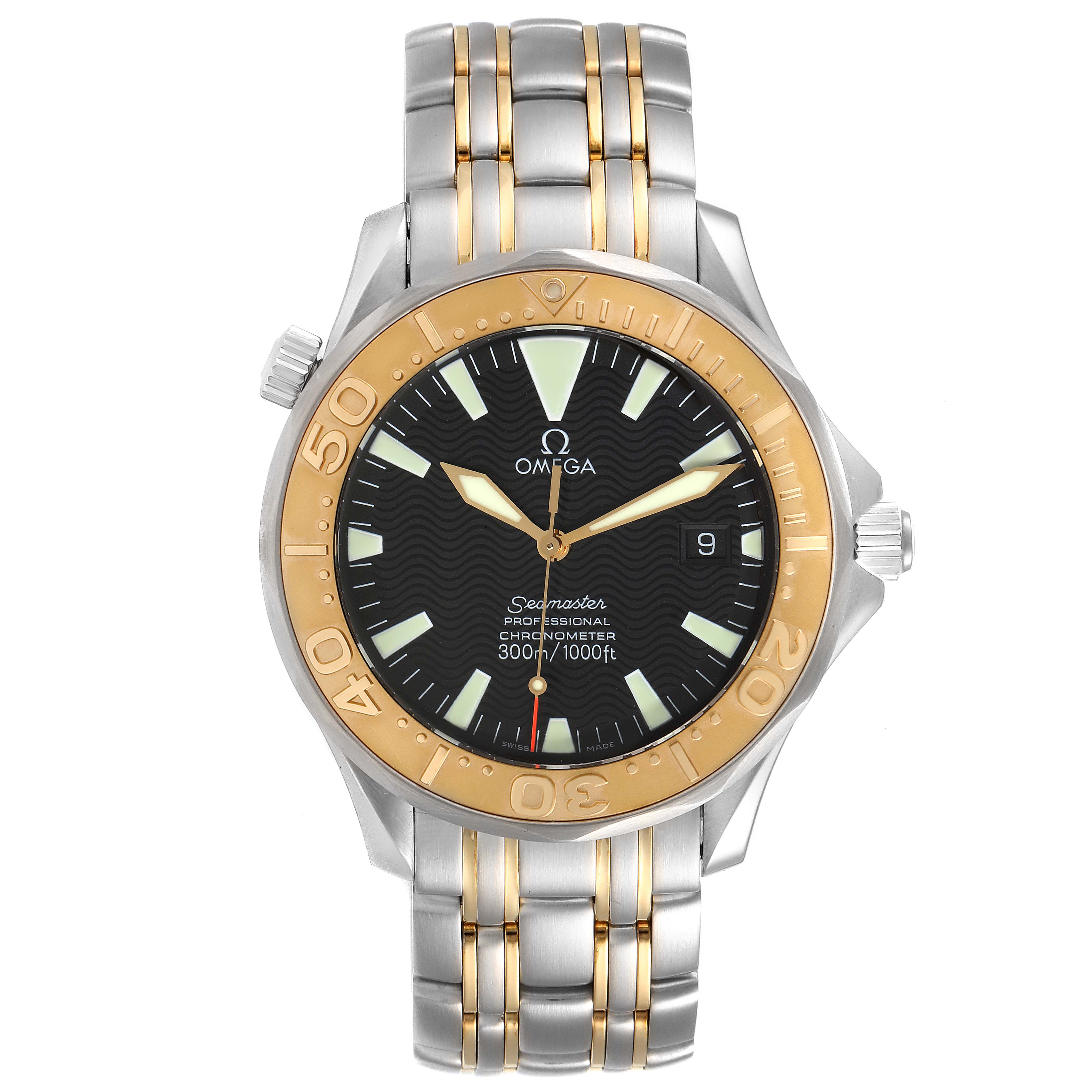 The image shows a front view of the Omega Seamaster 2455.50.00 Men's Steel and Gold (two tone) Black Dial 2455.50.00 Men's Steel and Gold (two tone) Black Dial watch, featuring its black dial, gold bezel, and two-tone metal bracelet.
