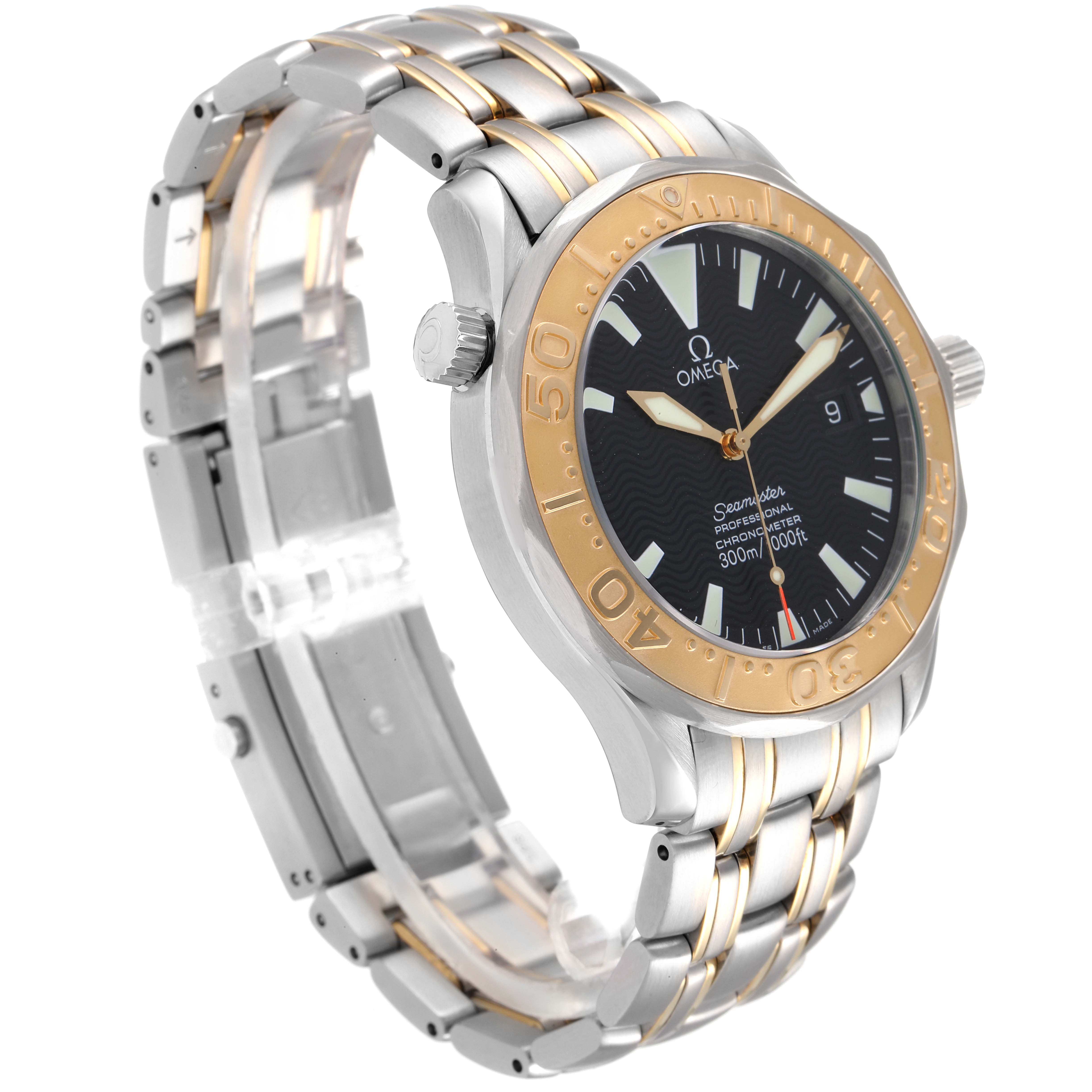 The image shows the Omega Seamaster 2455.50.00 Men's Steel and Gold (two tone) Black Dial 2455.50.00 Men's Steel and Gold (two tone) Black Dial watch at a slight angle, highlighting the face, bezel, crown, and bracelet.