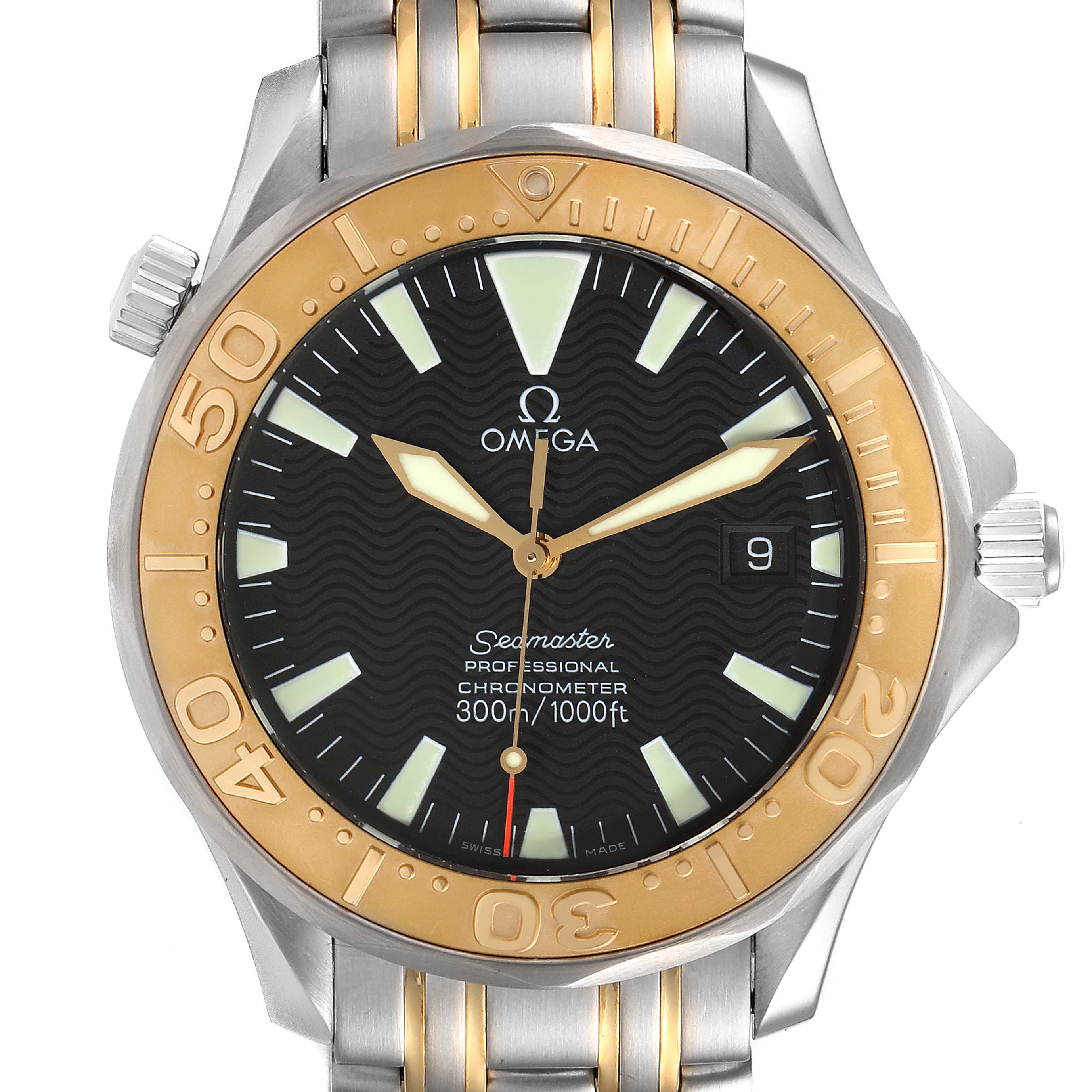The image shows a front view of an Omega Seamaster 2455.50.00 Men's Steel and Gold (two tone) Black Dial 2455.50.00 Men's Steel and Gold (two tone) Black Dial watch, highlighting its bezel, dial, and part of the bracelet.