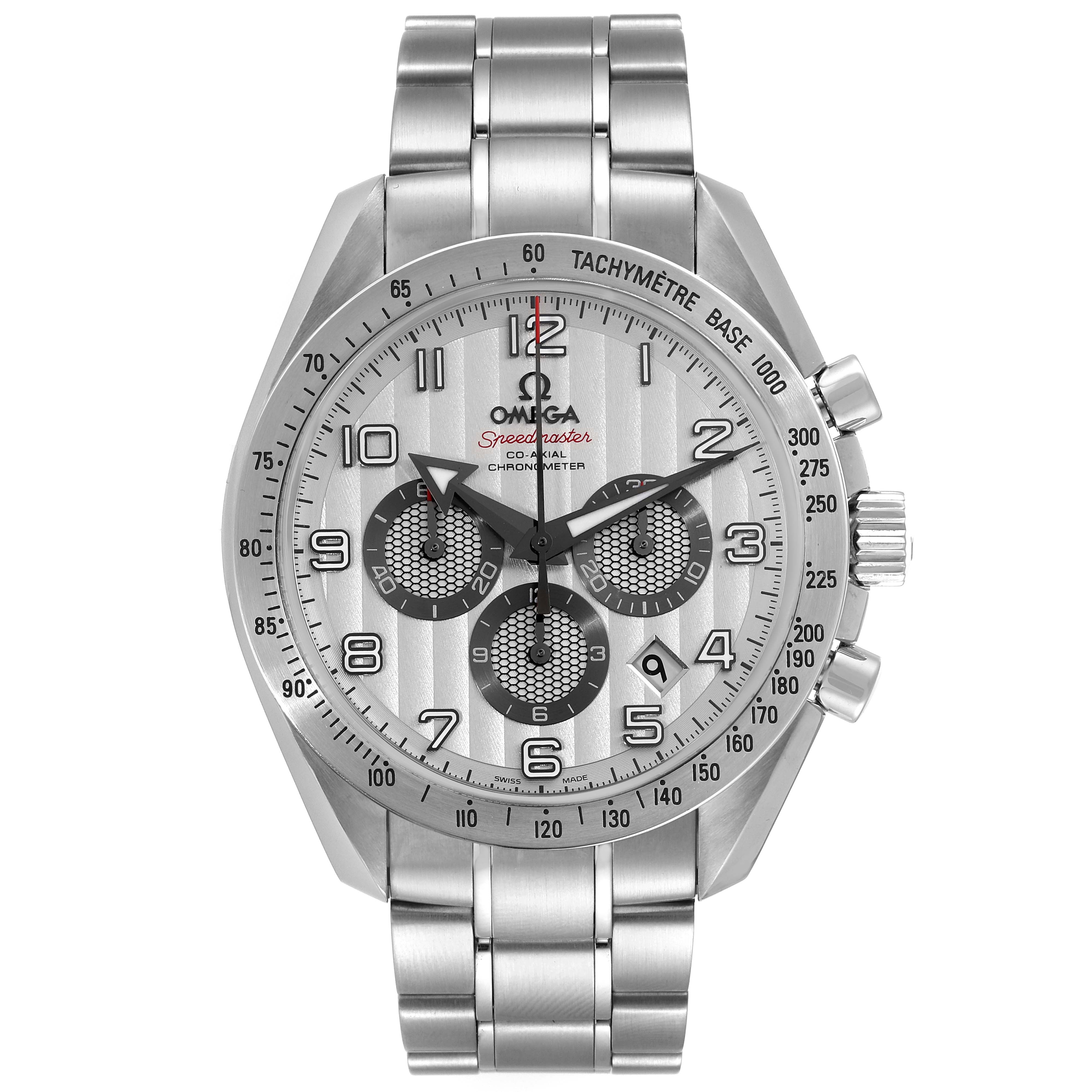 The image shows a frontal view of an Omega Speedmaster 321.10.44.50.02.001 Men
s Stainless Steel Silver Dial 321.10.44.50.02.001 Men
s Stainless Steel Silver Dial watch, highlighting its dial, bezel, and bracelet.