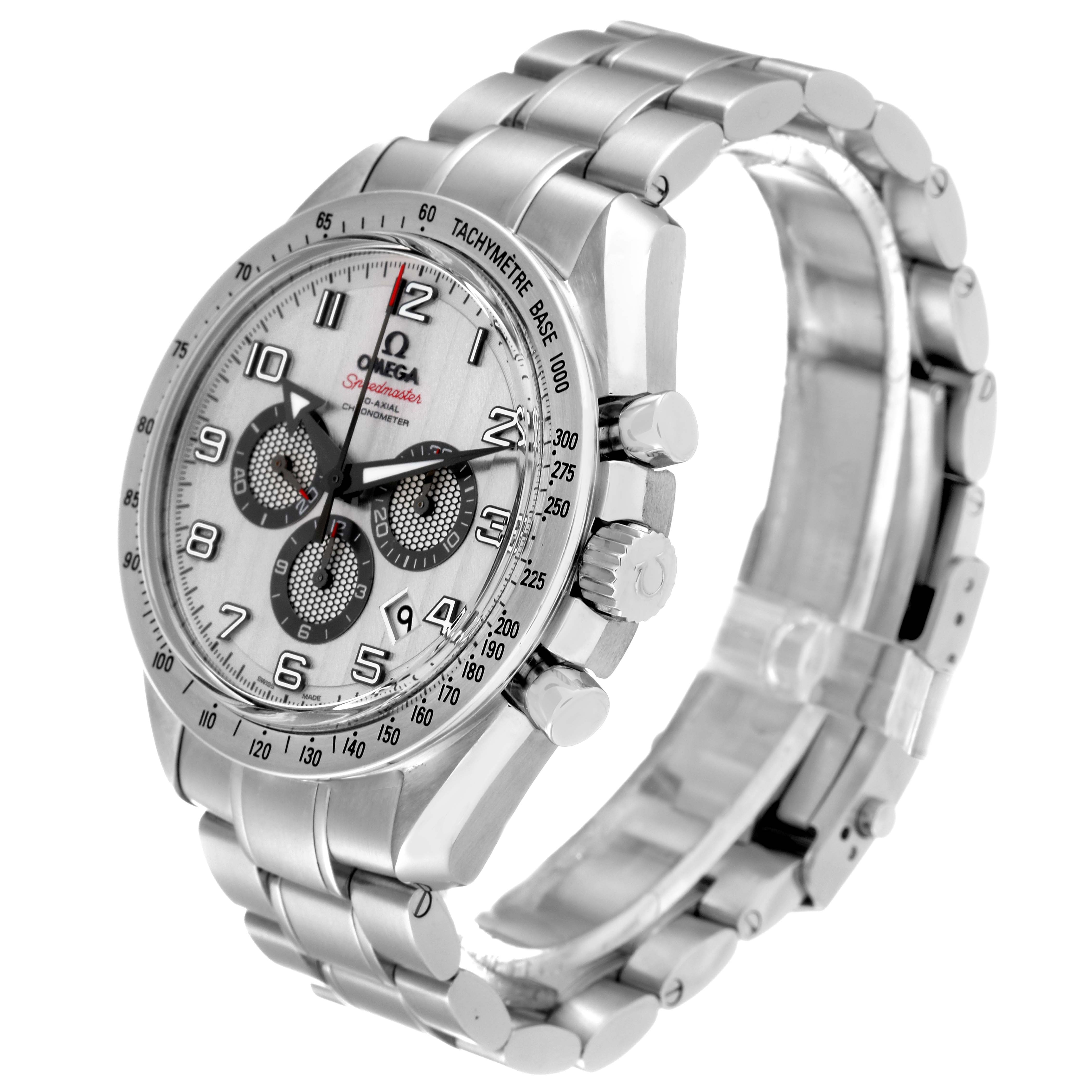 This Omega Speedmaster 321.10.44.50.02.001 Men
s Stainless Steel Silver Dial 321.10.44.50.02.001 Men
s Stainless Steel Silver Dial watch is shown at a three-quarter angle highlighting the face, bezel, and metal bracelet.