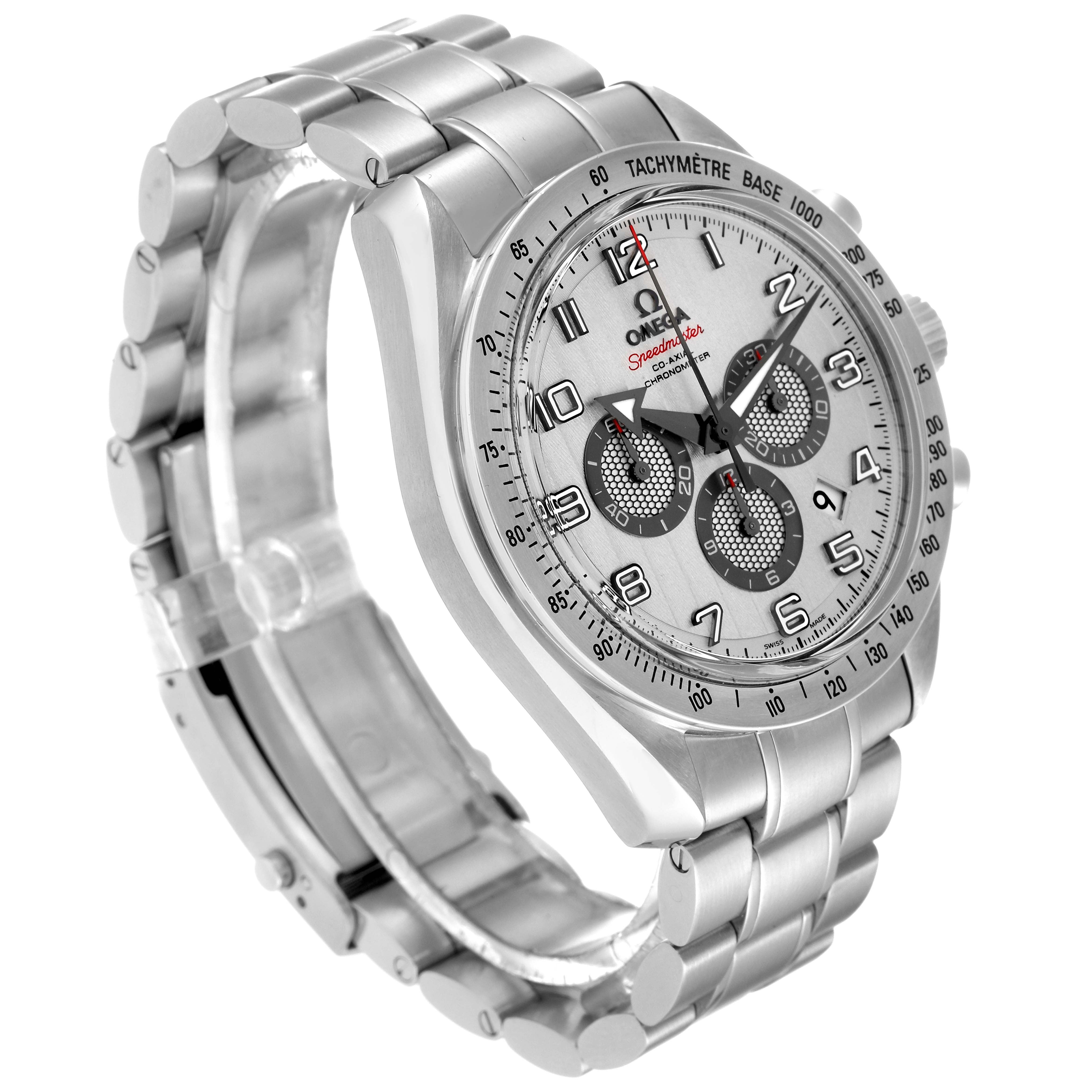 This image shows an angled view of an Omega Speedmaster 321.10.44.50.02.001 Men
s Stainless Steel Silver Dial 321.10.44.50.02.001 Men
s Stainless Steel Silver Dial, highlighting the face, bezel, chronographs, and stainless steel bracelet.