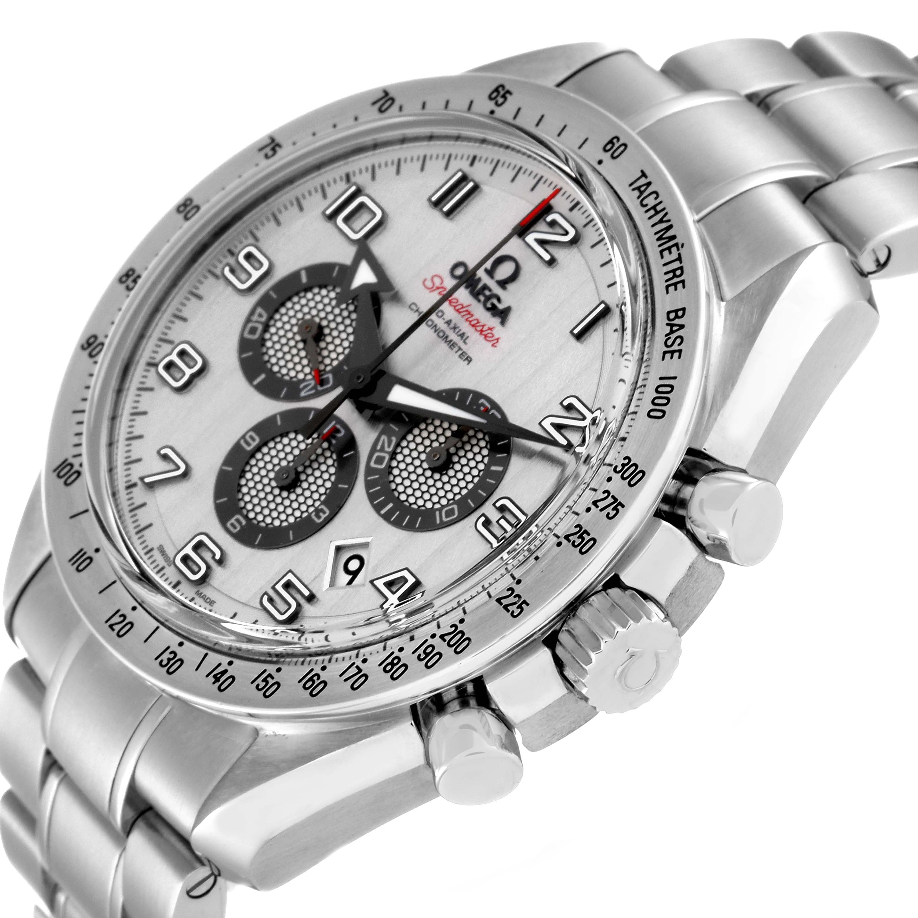 The image shows a close-up of the Omega Speedmaster 321.10.44.50.02.001 Men
s Stainless Steel Silver Dial 321.10.44.50.02.001 Men
s Stainless Steel Silver Dial watch from an oblique angle highlighting the face, bezel, and side controls.