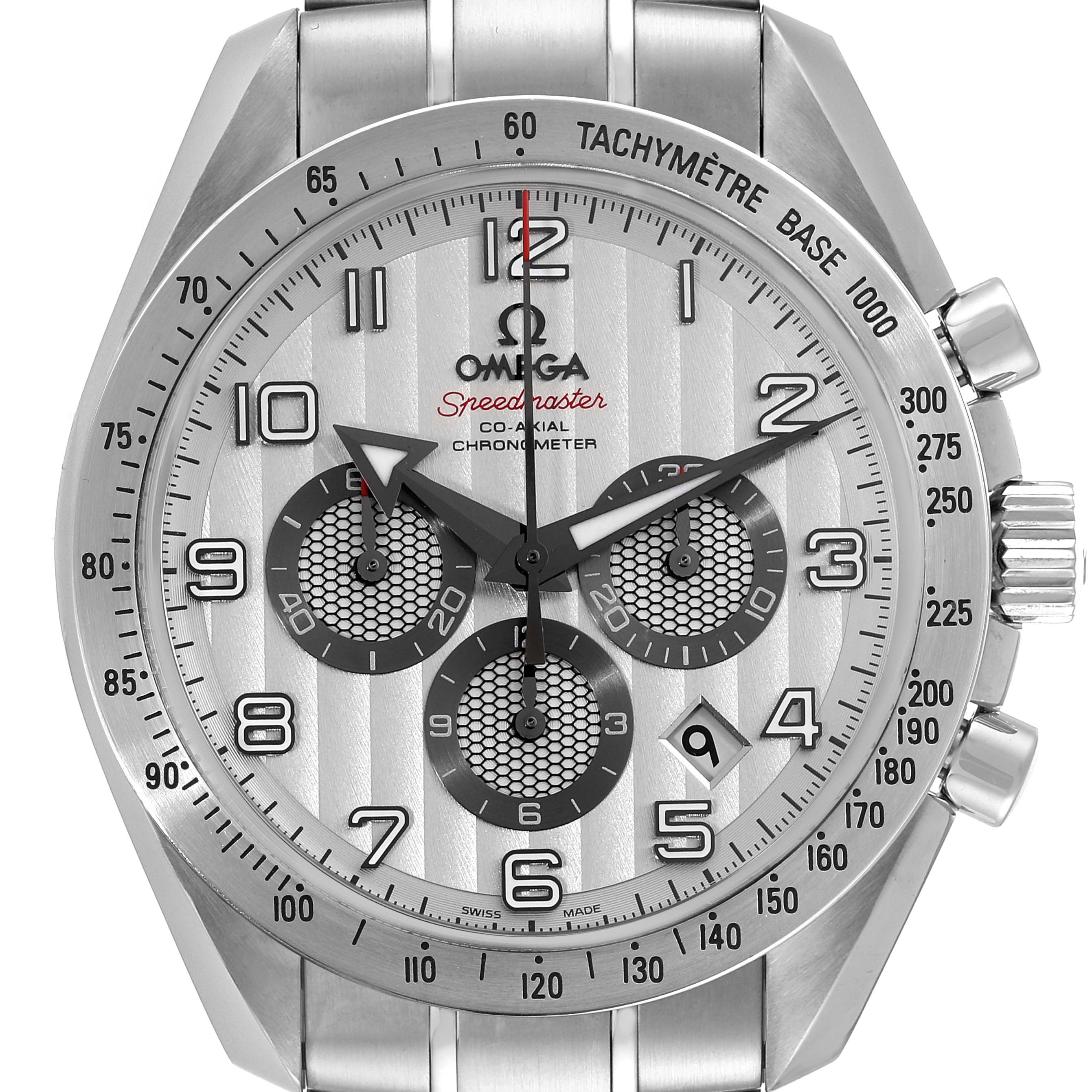 The image shows a front view of an Omega Speedmaster 321.10.44.50.02.001 Men
s Stainless Steel Silver Dial 321.10.44.50.02.001 Men
s Stainless Steel Silver Dial watch, displaying its dial, subdials, and tachymeter bezel.