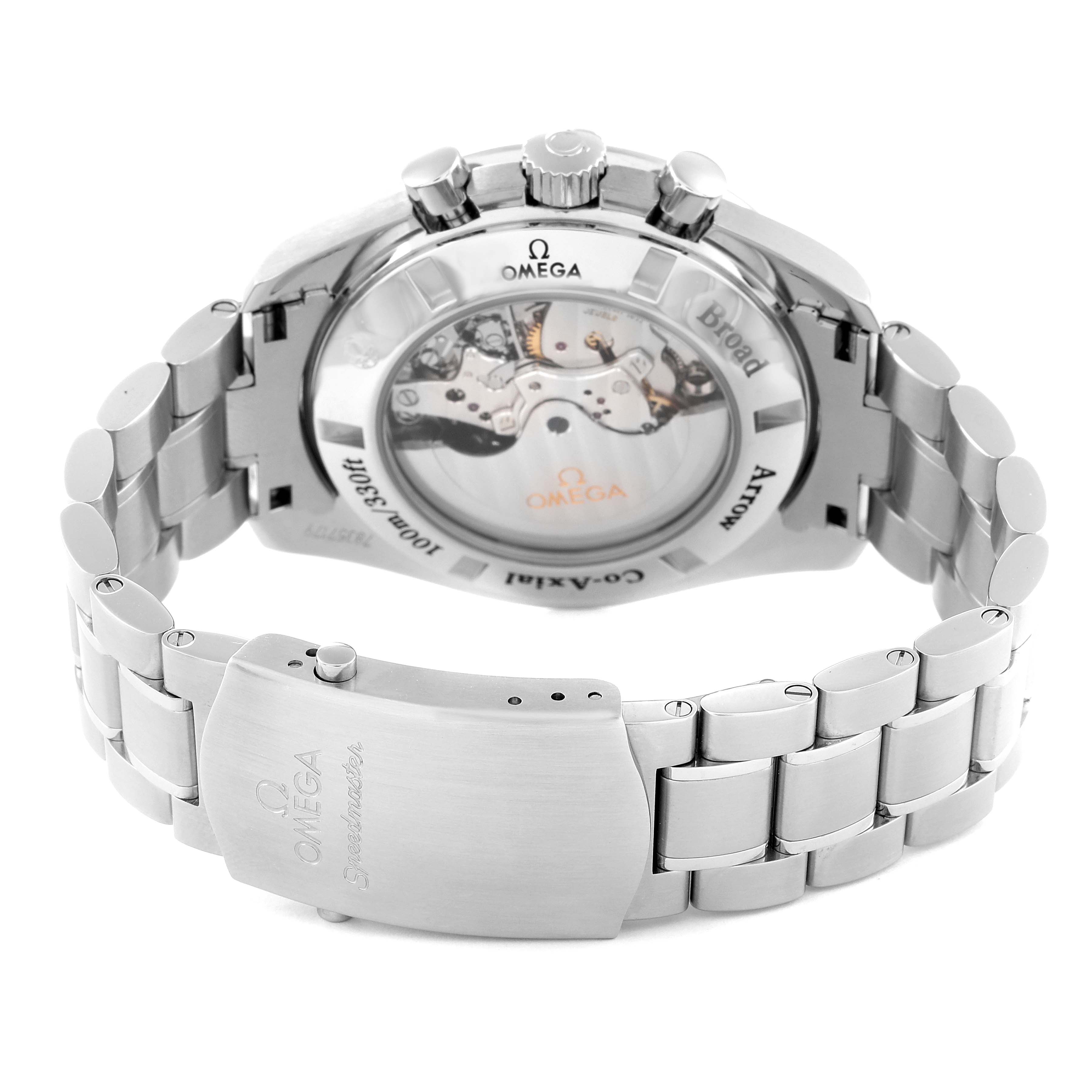 The image shows the back of the Omega Speedmaster 321.10.44.50.02.001 Men
s Stainless Steel Silver Dial 321.10.44.50.02.001 Men
s Stainless Steel Silver Dial watch, highlighting the movement and the metal bracelet with a clasp.