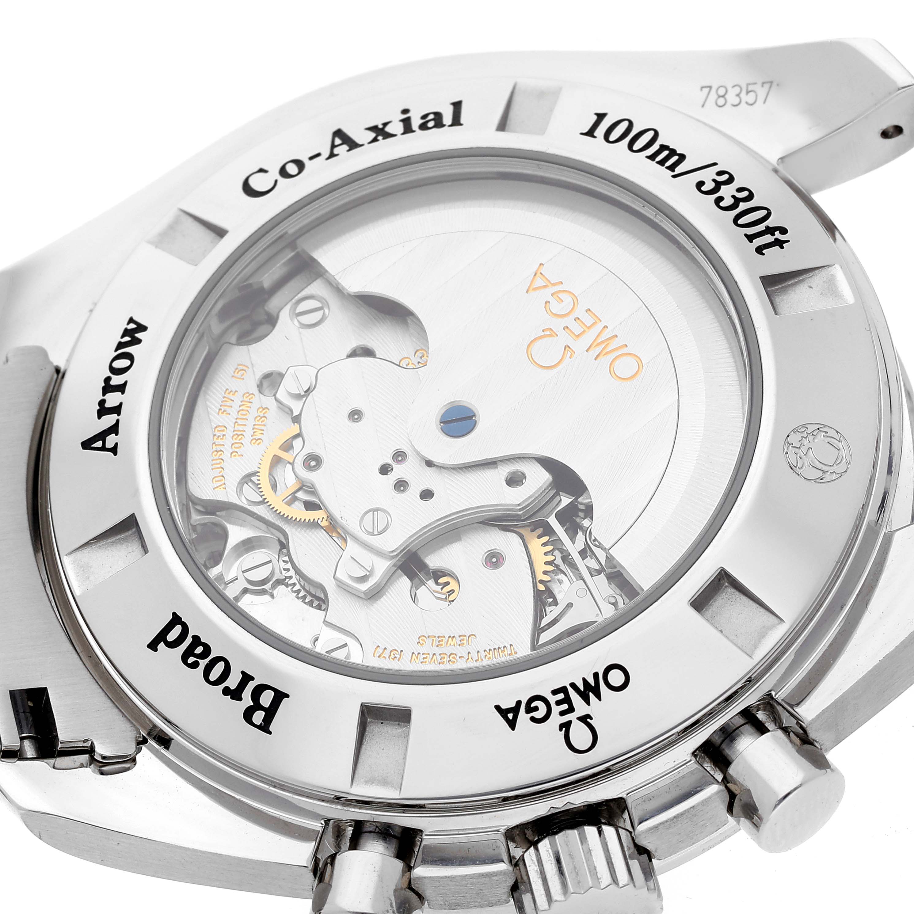 The image shows the back view of an Omega Speedmaster 321.10.44.50.02.001 Men
s Stainless Steel Silver Dial 321.10.44.50.02.001 Men
s Stainless Steel Silver Dial watch, highlighting its Co-Axial movement mechanism.