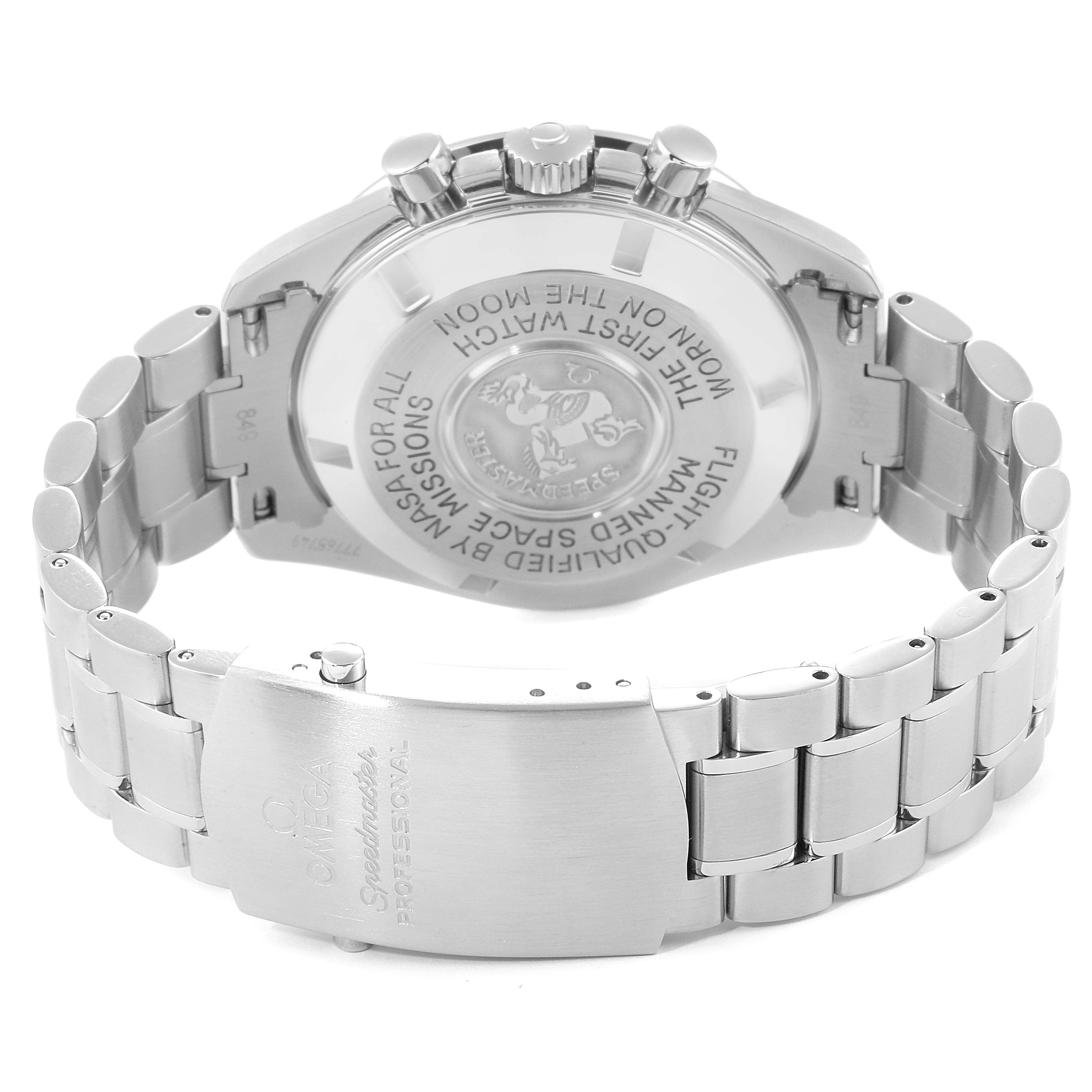 The Omega Speedmaster 3570.50.00 Men's Stainless Steel Black Dial 3570.50.00 Men's Stainless Steel Black Dial watch is shown from the back, focusing on the case back and bracelet clasp.