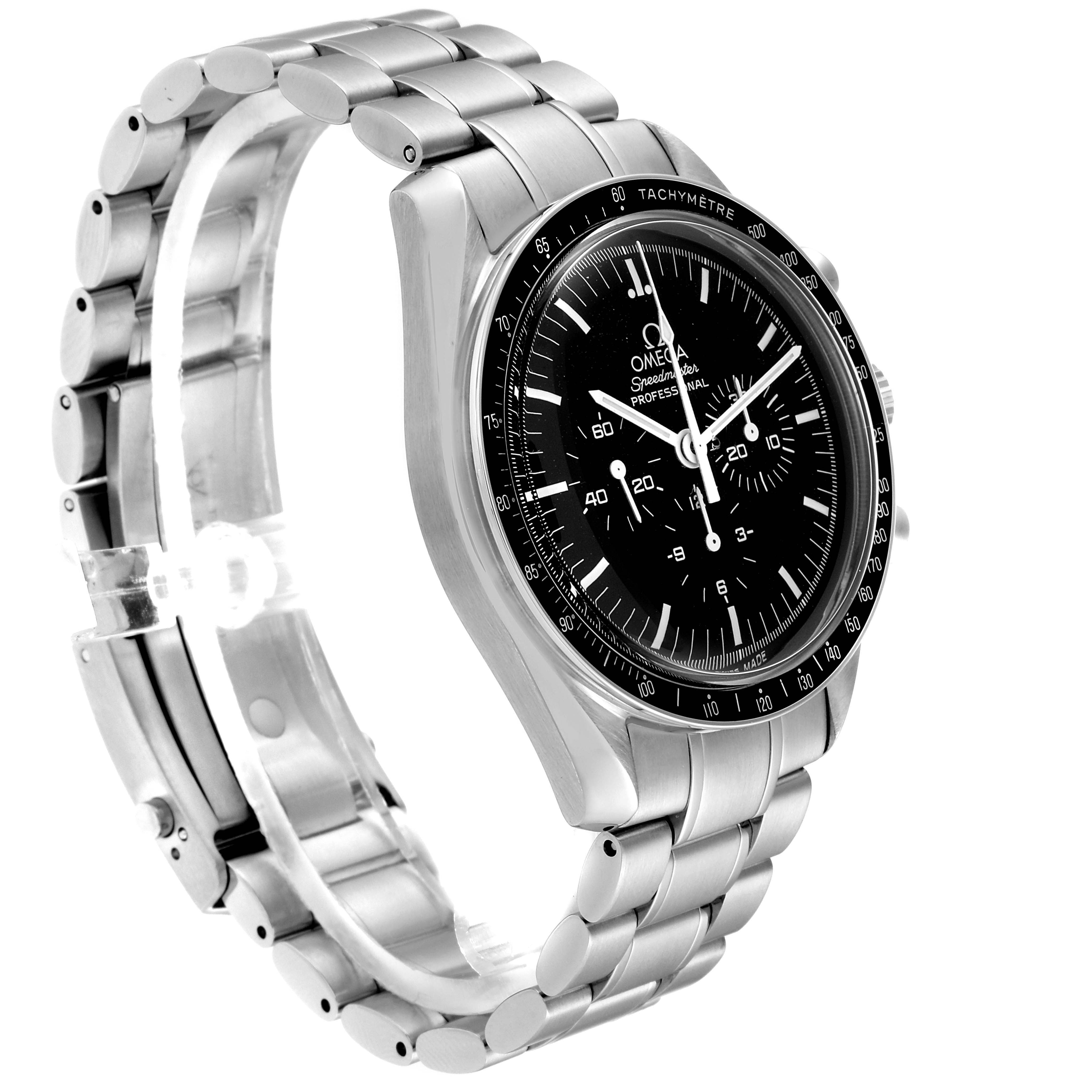 This image shows a side angle of the Omega Speedmaster 3570.50.00 Men's Stainless Steel Black Dial 3570.50.00 Men's Stainless Steel Black Dial watch, highlighting its stainless steel bracelet and black tachymeter bezel.
