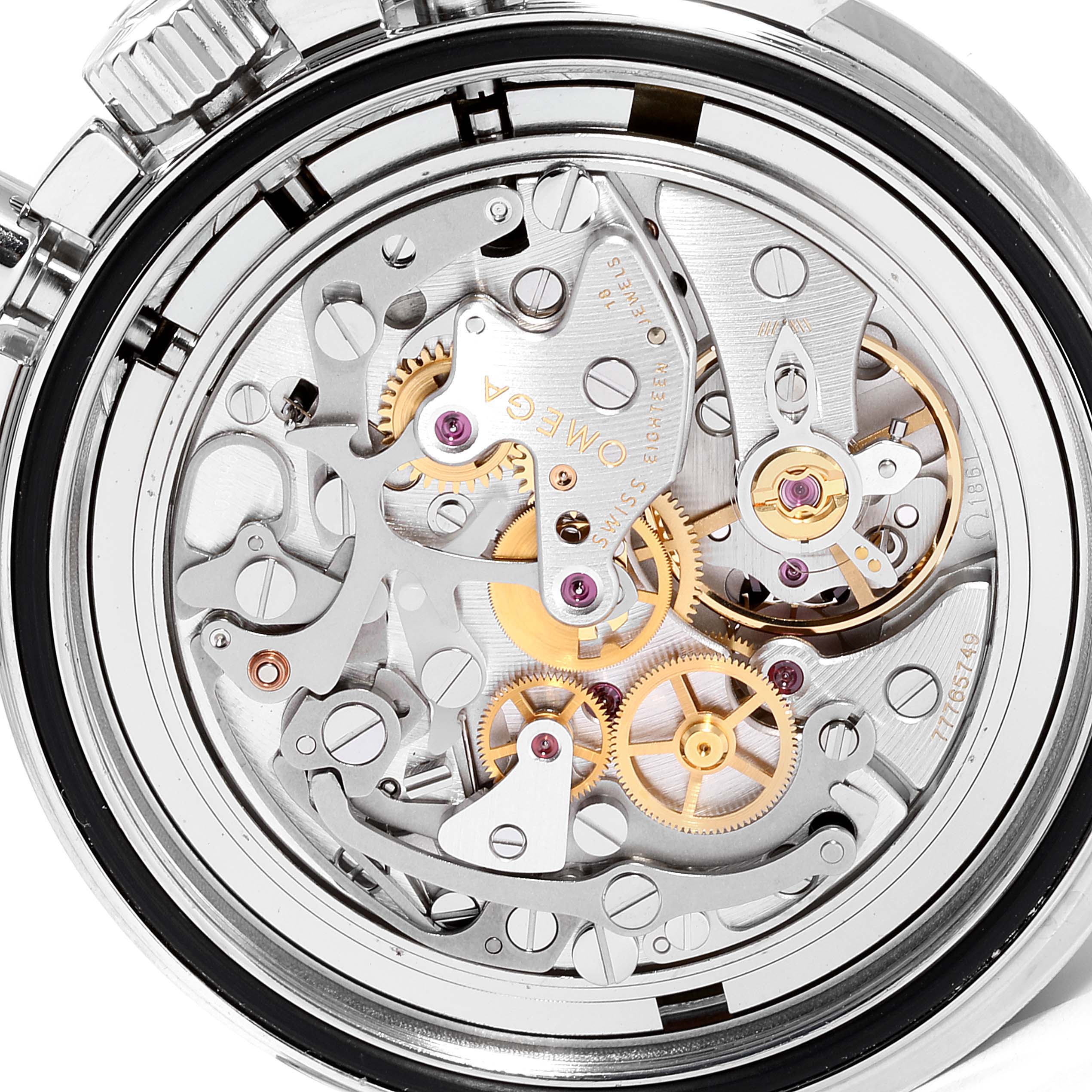 This image shows the intricate inner mechanics of the Omega Speedmaster 3570.50.00 Men's Stainless Steel Black Dial 3570.50.00 Men's Stainless Steel Black Dial watch from a rear case angle.