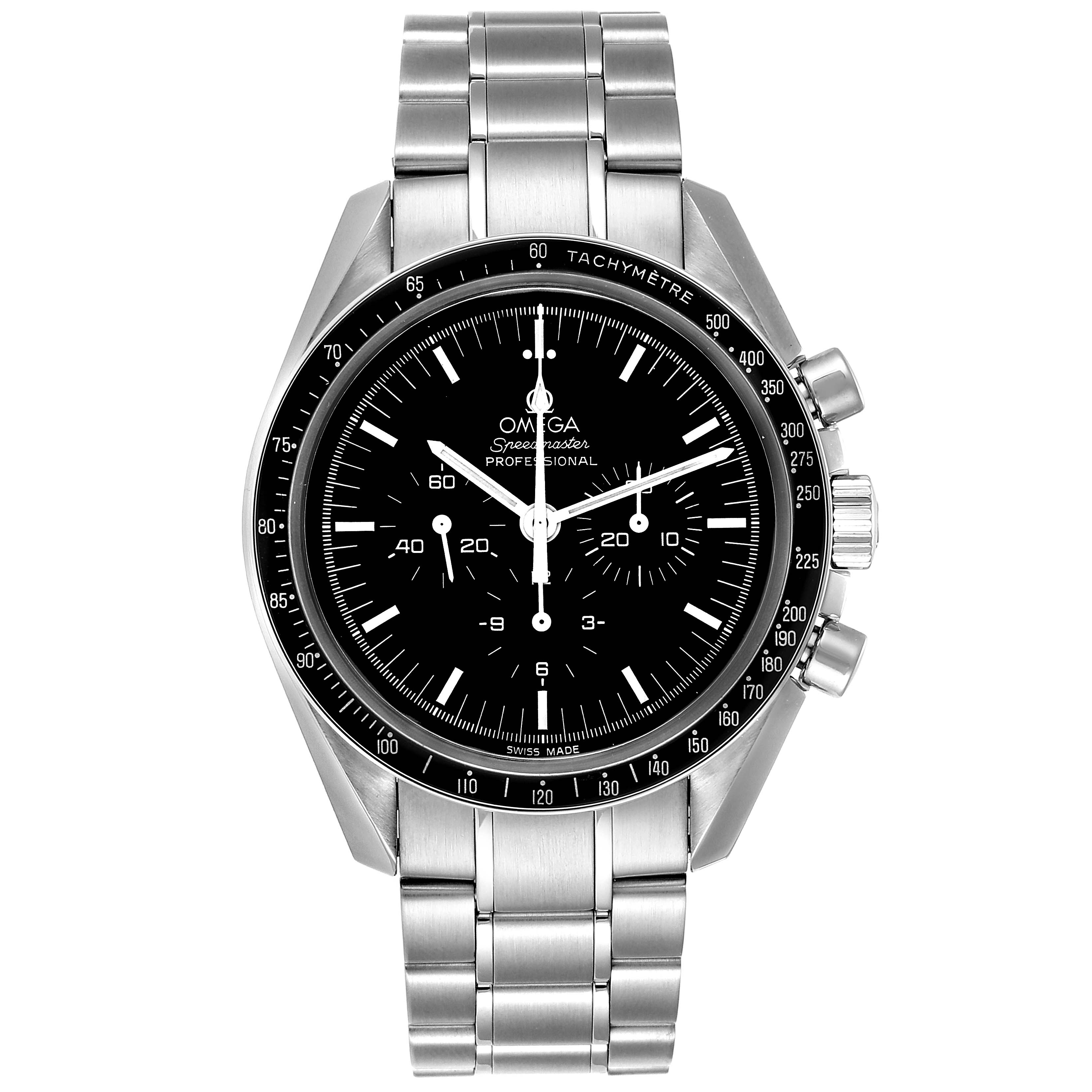 The Omega Speedmaster 3570.50.00 Men's Stainless Steel Black Dial 3570.50.00 Men's Stainless Steel Black Dial watch is shown from the front, displaying the dial, bezel, and bracelet.