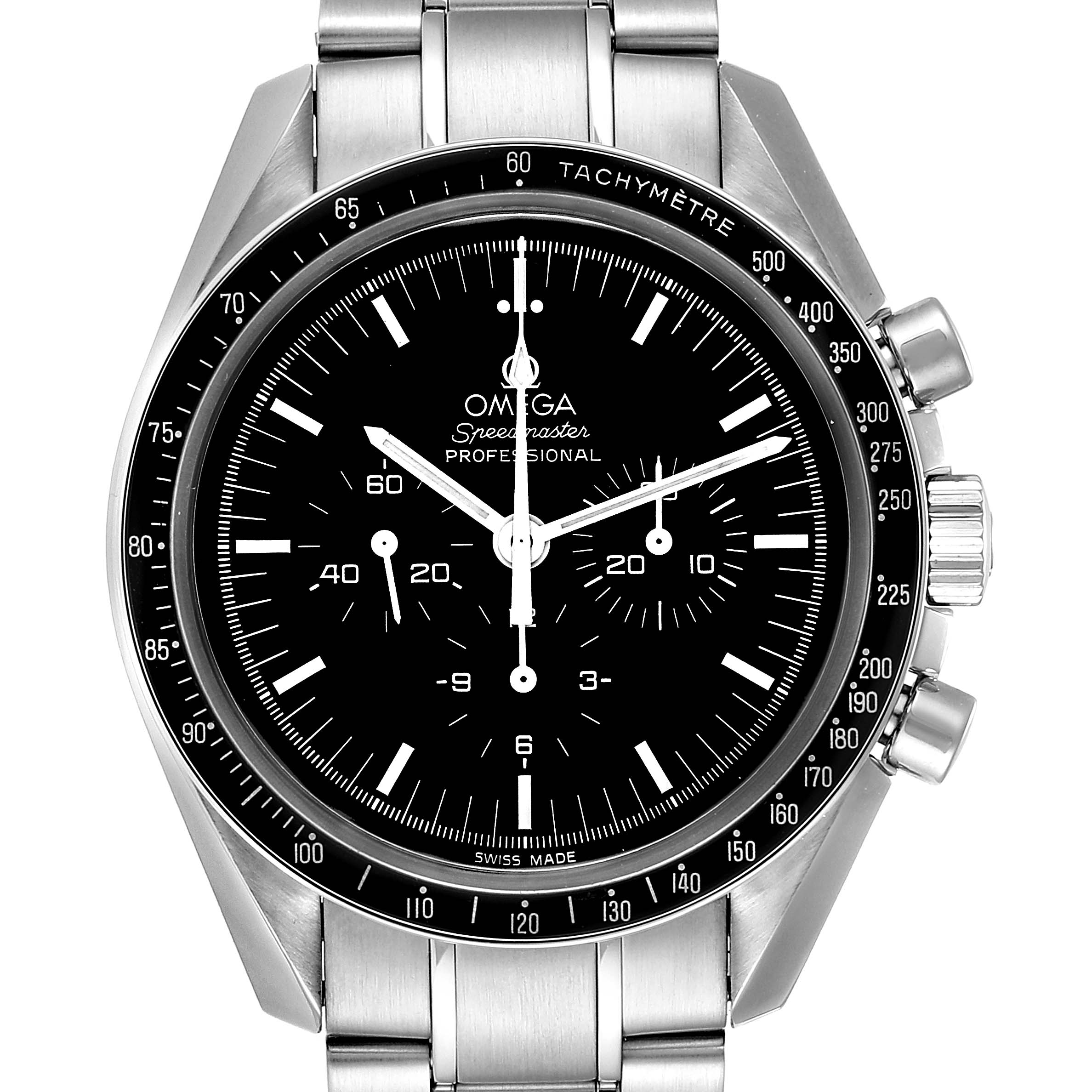 The image shows a front view of an Omega Speedmaster 3570.50.00 Men's Stainless Steel Black Dial 3570.50.00 Men's Stainless Steel Black Dial watch, displaying its dial, bezel, and stainless steel bracelet.