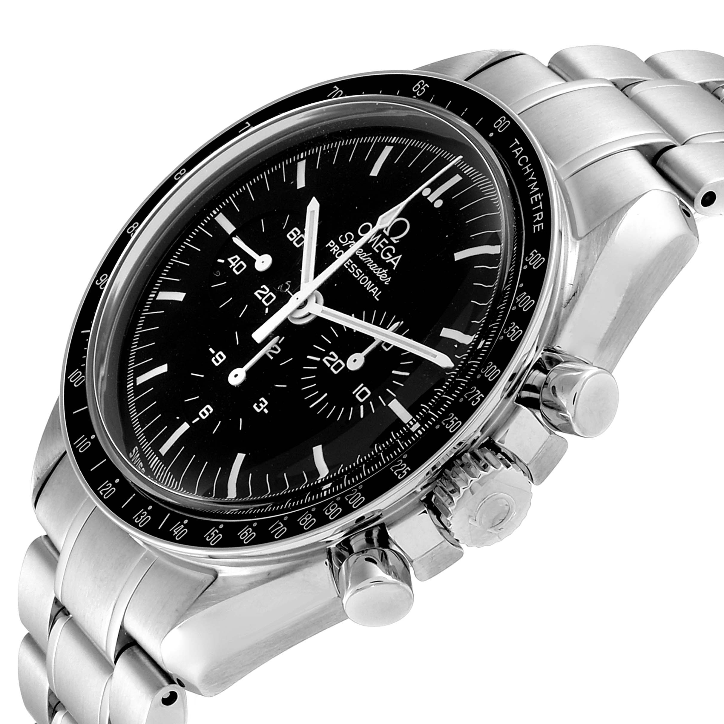 This image shows an angled view of an Omega Speedmaster 3570.50.00 Men's Stainless Steel Black Dial 3570.50.00 Men's Stainless Steel Black Dial watch, highlighting the face, bezel, crown, pushers, and steel bracelet.