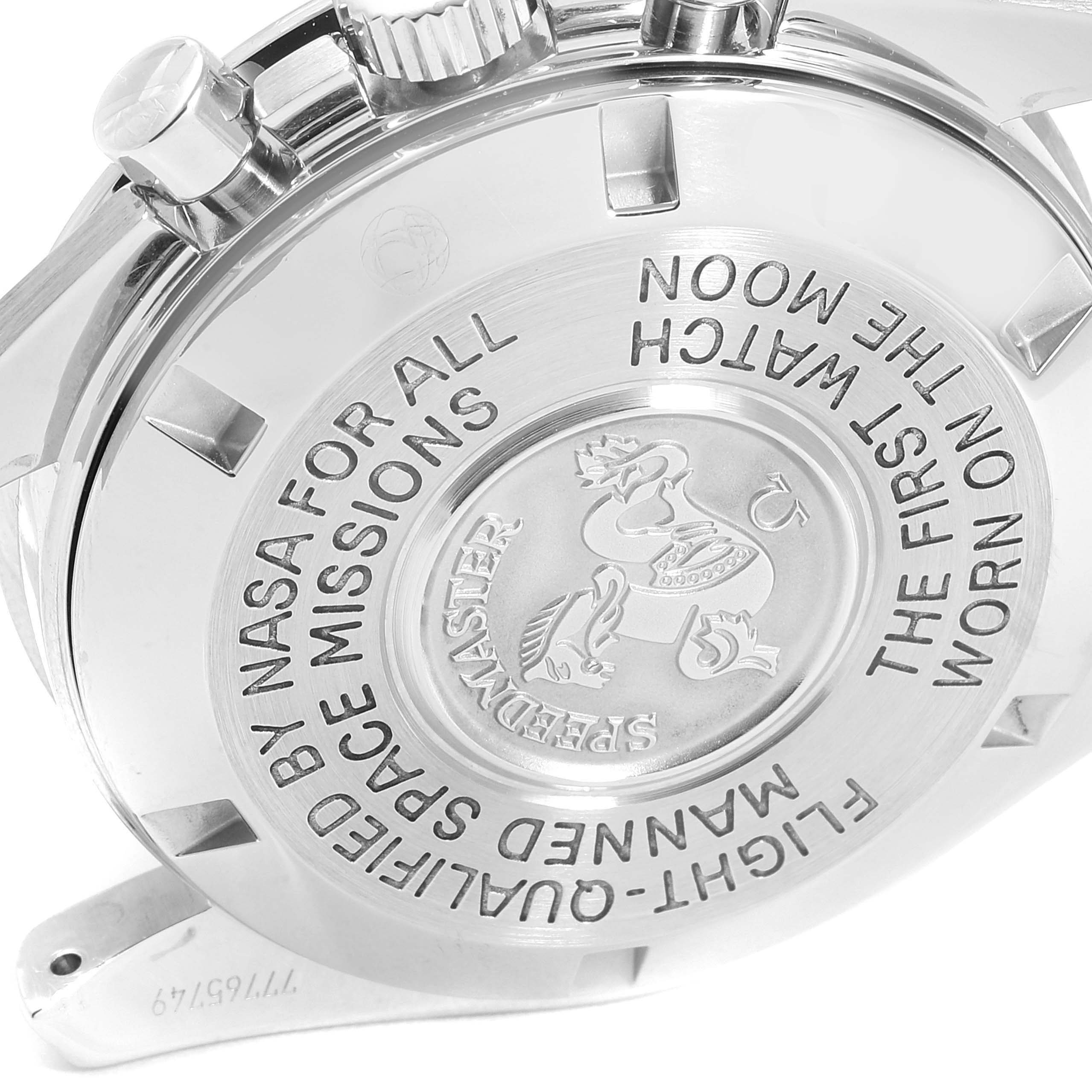 The image shows the case back of an Omega Speedmaster 3570.50.00 Men's Stainless Steel Black Dial 3570.50.00 Men's Stainless Steel Black Dial watch, displaying the engraved inscriptions and logo.