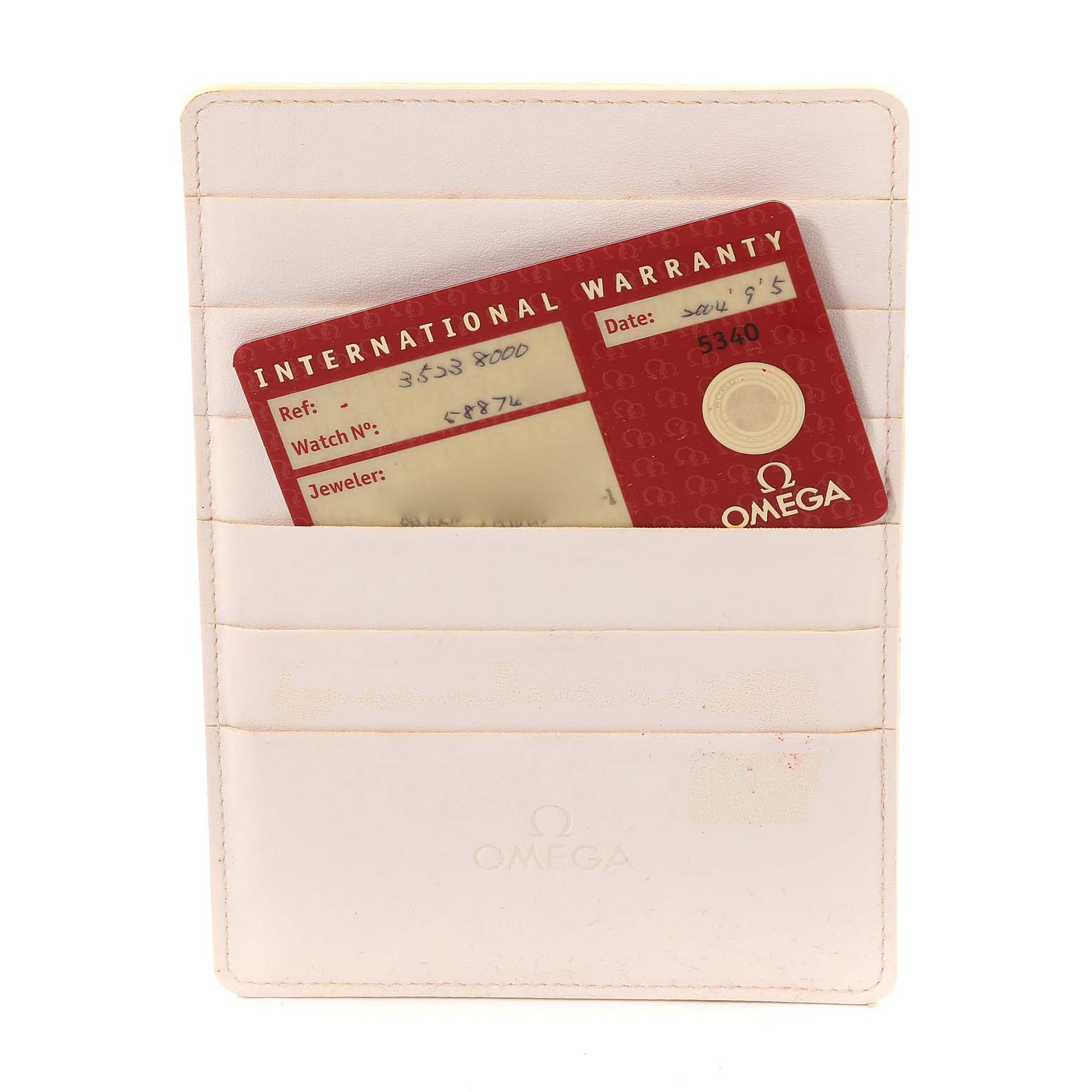 The image shows an Omega Speedmaster 3523.80.00 Men
s Stainless Steel Blue Dial 3523.80.00 Men
s Stainless Steel Blue Dial warranty card inserted in a white cardholder.