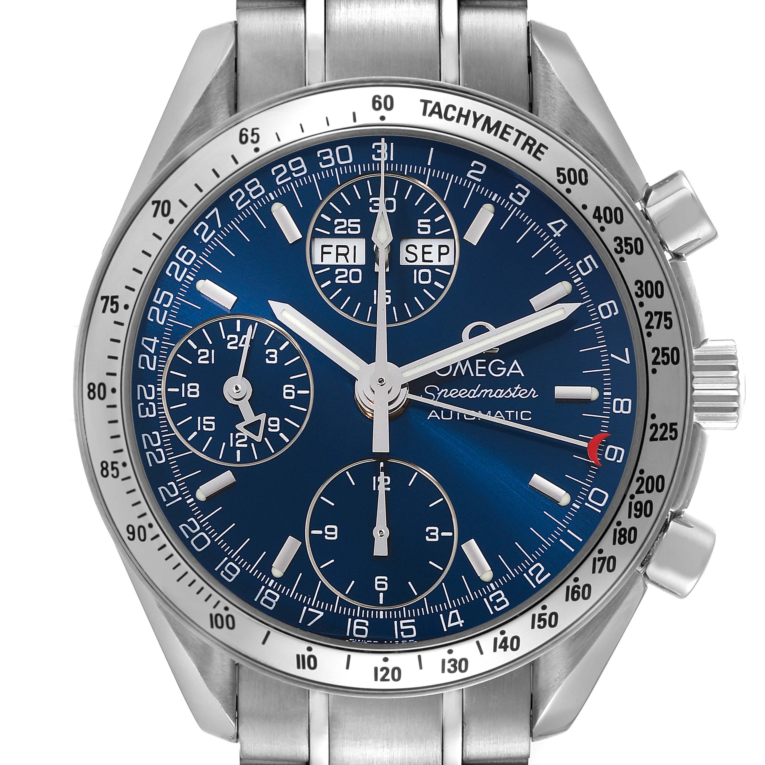 The image shows a front view of an Omega Speedmaster 3523.80.00 Men
s Stainless Steel Blue Dial 3523.80.00 Men
s Stainless Steel Blue Dial watch, highlighting the dial, subdials, bezel, and stainless steel bracelet.