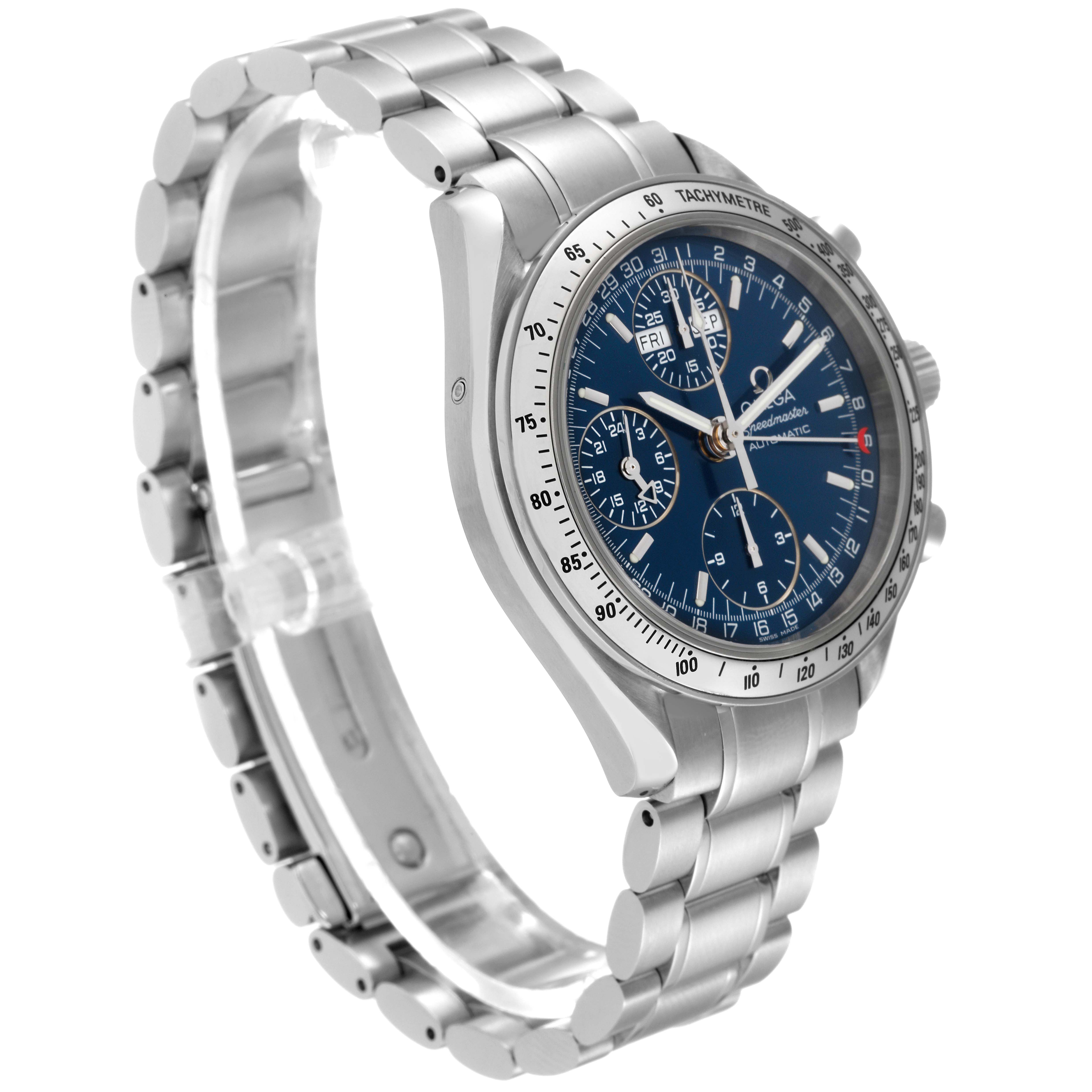 The image shows the side and front view of an Omega Speedmaster 3523.80.00 Men
s Stainless Steel Blue Dial 3523.80.00 Men
s Stainless Steel Blue Dial watch, highlighting the bracelet and tachymeter bezel.