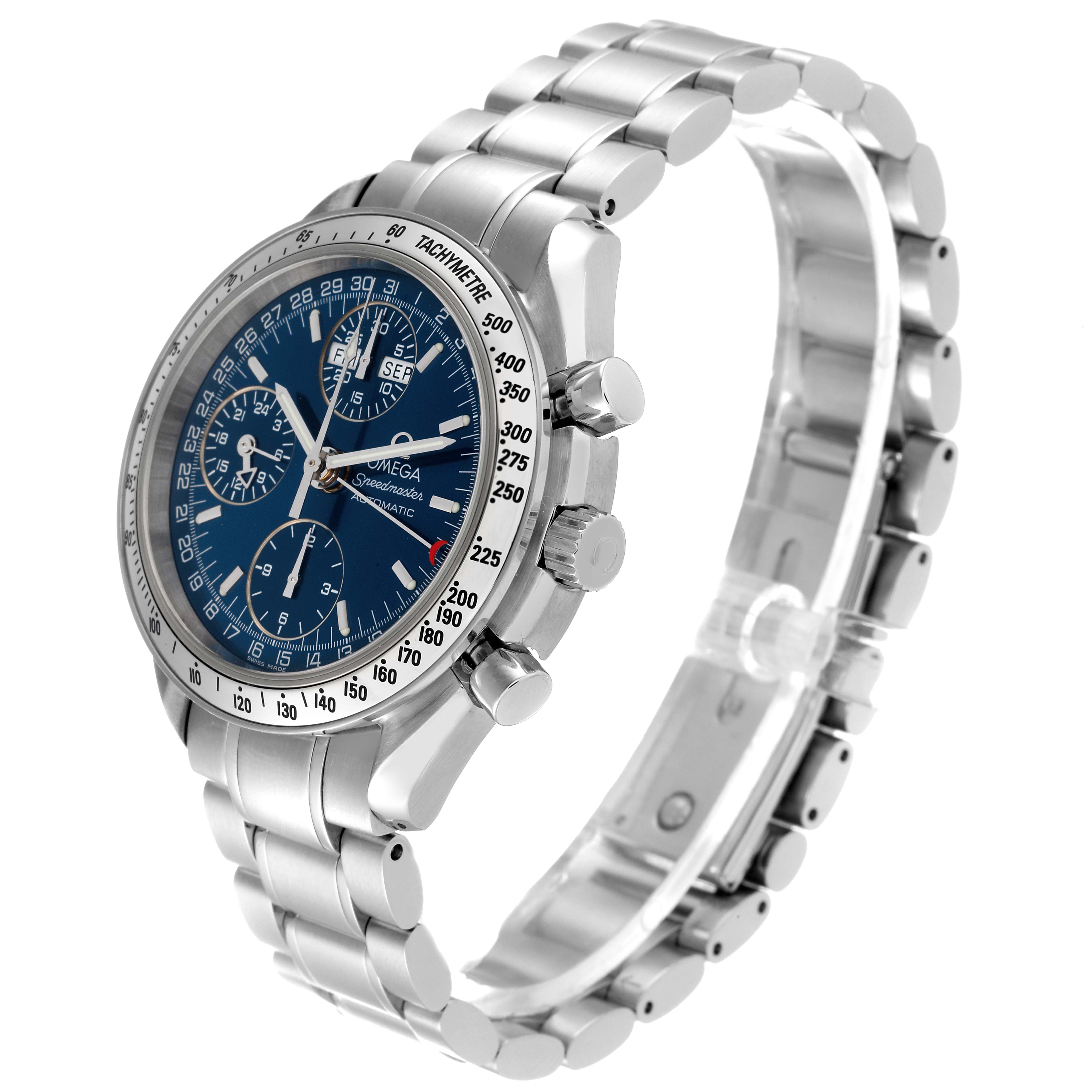 The image shows a side view of the Omega Speedmaster 3523.80.00 Men
s Stainless Steel Blue Dial 3523.80.00 Men
s Stainless Steel Blue Dial watch, highlighting its blue dial, three sub-dials, tachymeter, and stainless steel bracelet.