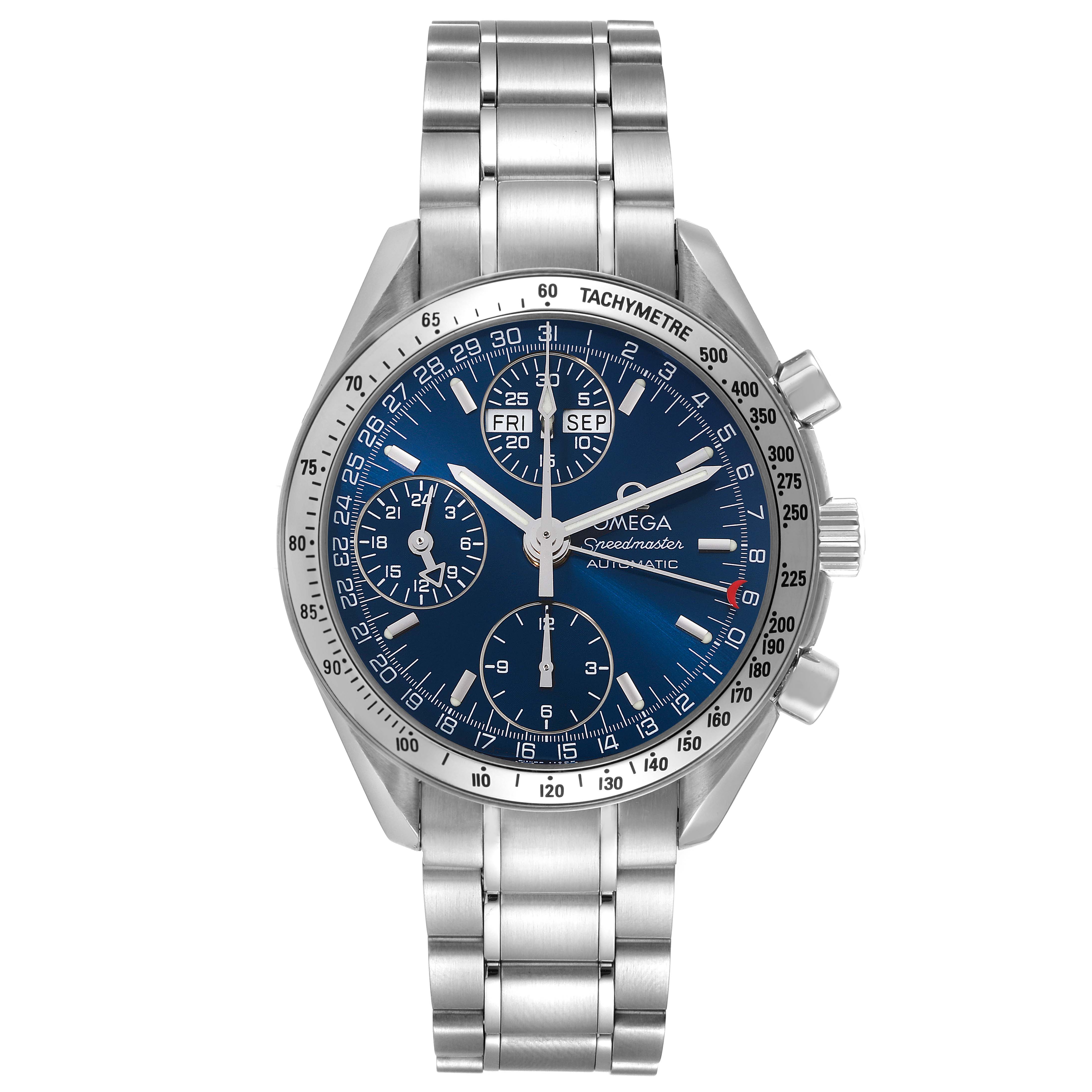 The Omega Speedmaster 3523.80.00 Men
s Stainless Steel Blue Dial 3523.80.00 Men
s Stainless Steel Blue Dial watch is shown from the front displaying its blue dial, chronograph subdials, tachymeter bezel, and stainless steel bracelet.