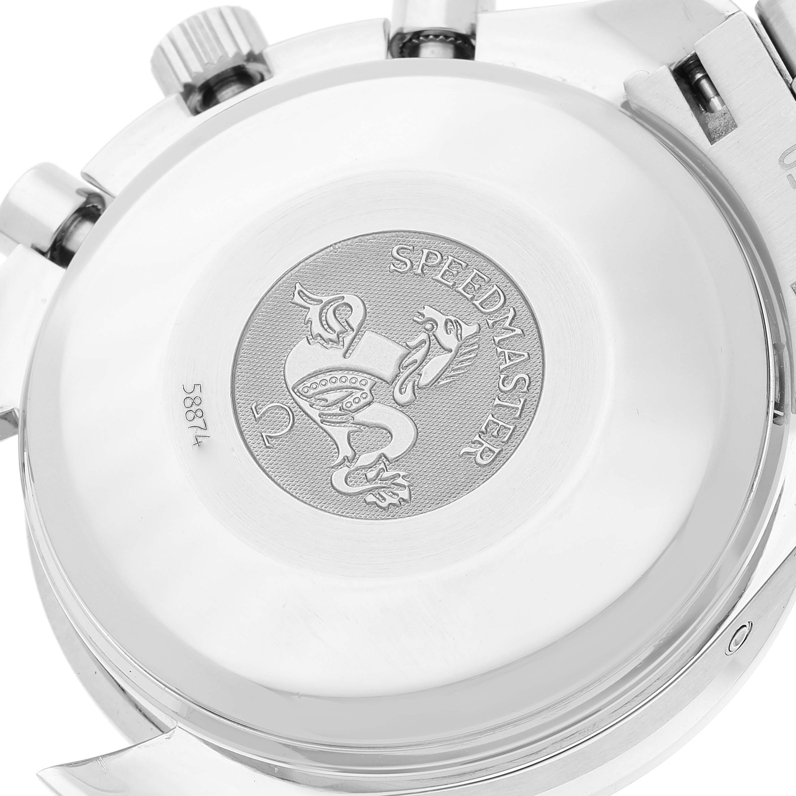 The image shows the back case of an Omega Speedmaster 3523.80.00 Men
s Stainless Steel Blue Dial 3523.80.00 Men
s Stainless Steel Blue Dial watch, displaying the brand
s emblem and model name.