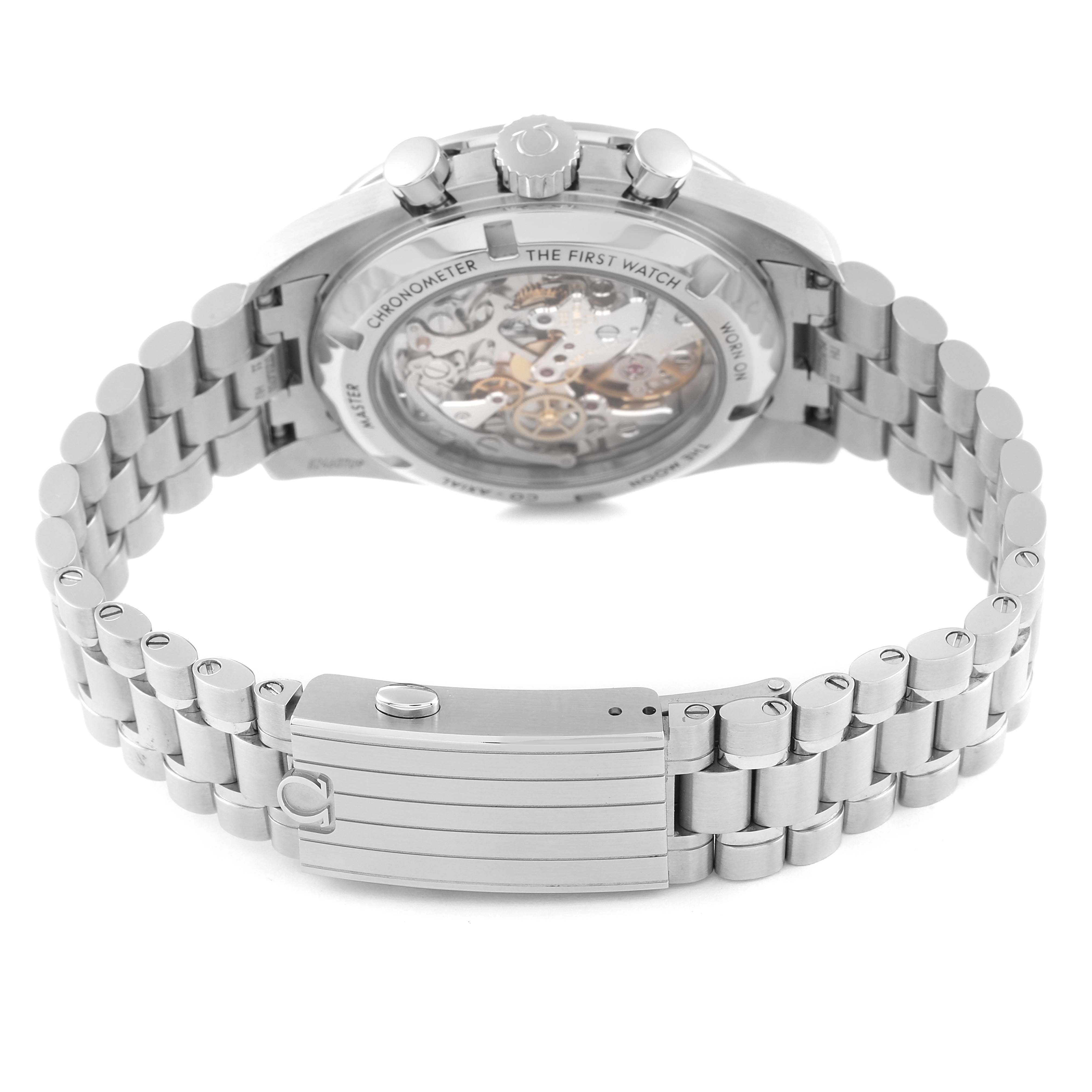 The image shows the back view of the Omega Speedmaster 310.30.42.50.01.002 Men
s Stainless Steel Black Dial 310.30.42.50.01.002 Men
s Stainless Steel Black Dial watch, highlighting its case back, clasp, and bracelet.