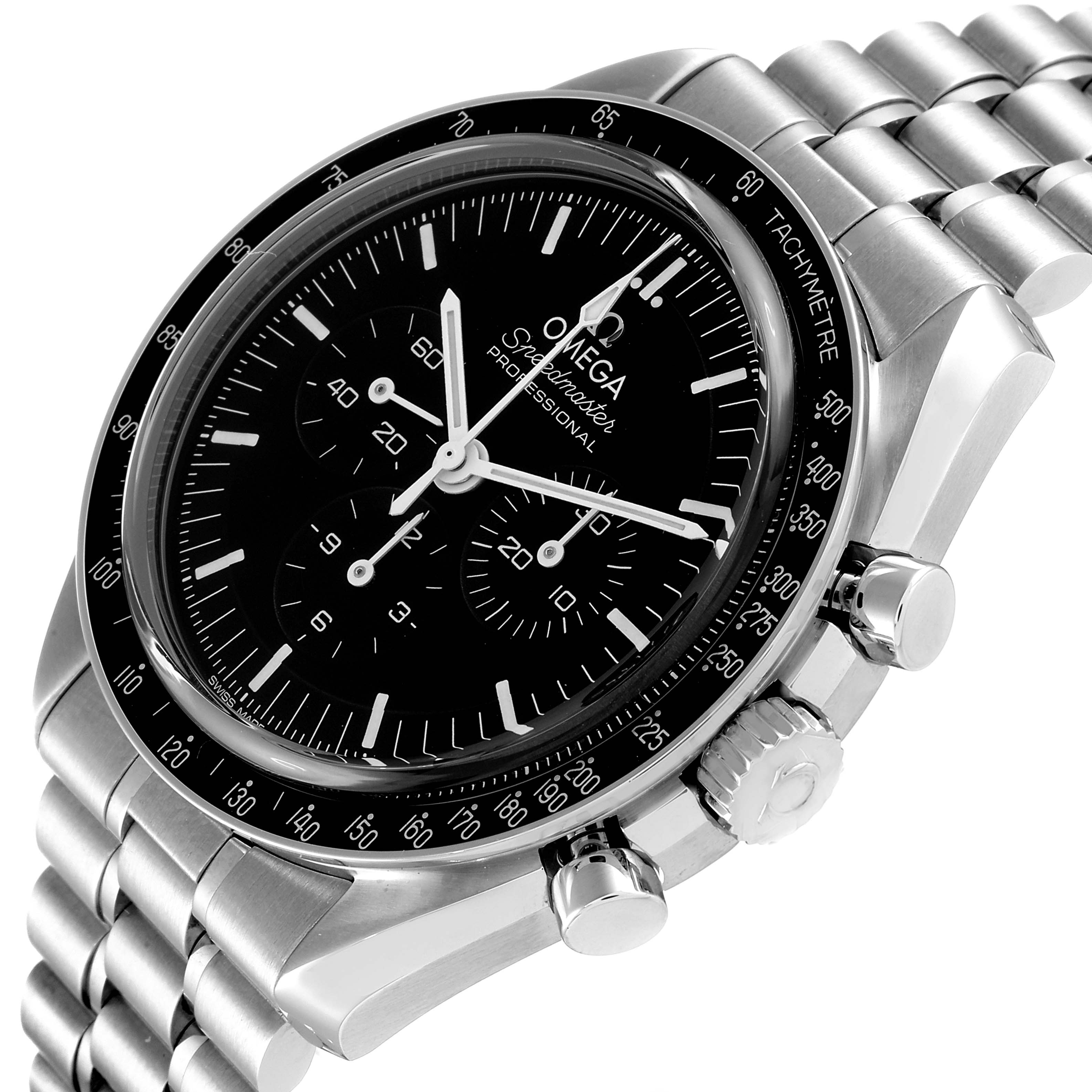 The Omega Speedmaster 310.30.42.50.01.002 Men
s Stainless Steel Black Dial 310.30.42.50.01.002 Men
s Stainless Steel Black Dial watch is shown from a slightly angled side view, highlighting the face, bezel, and bracelet.