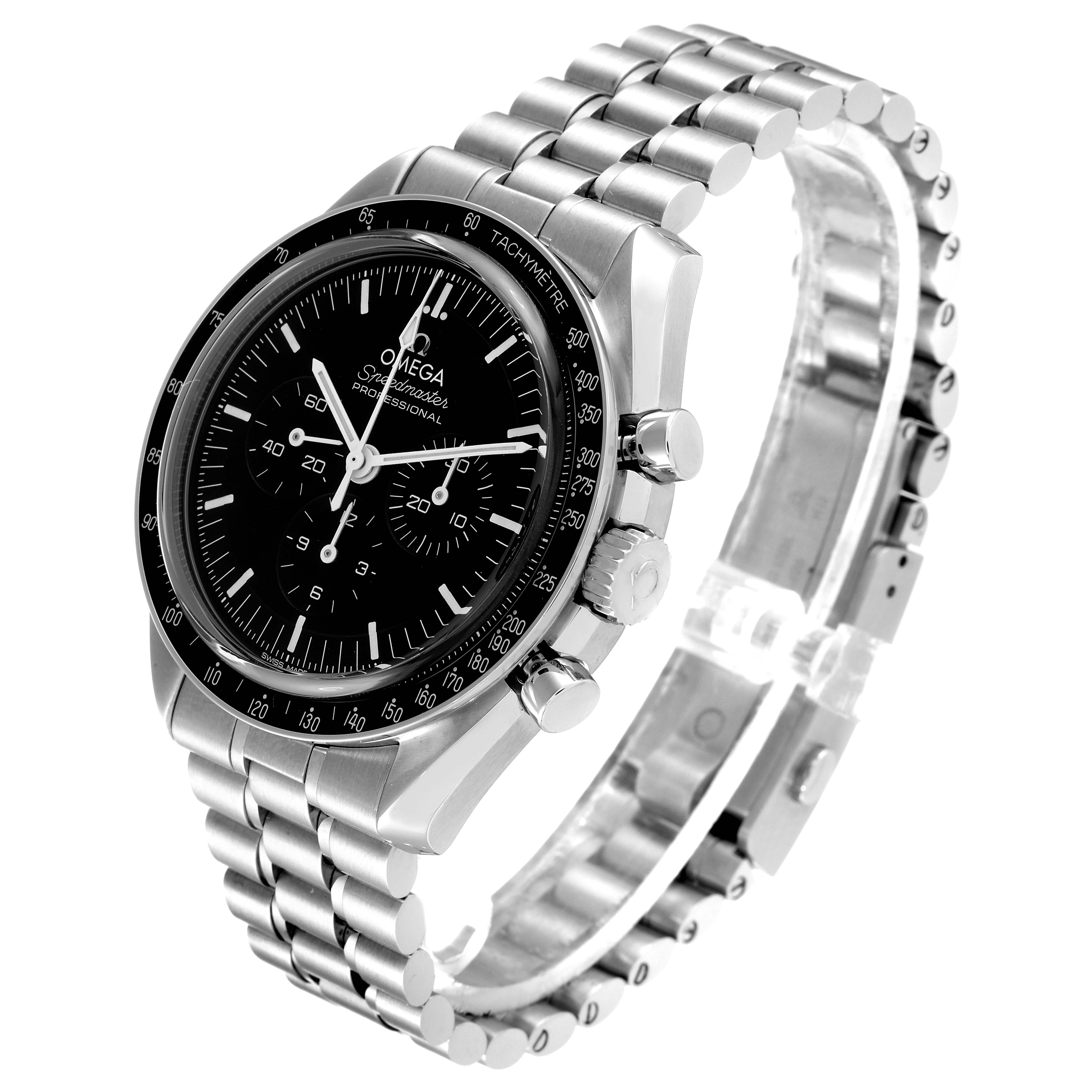 The Omega Speedmaster 310.30.42.50.01.002 Men
s Stainless Steel Black Dial 310.30.42.50.01.002 Men
s Stainless Steel Black Dial watch is shown at a slight angle, emphasizing the dial and stainless steel bracelet.