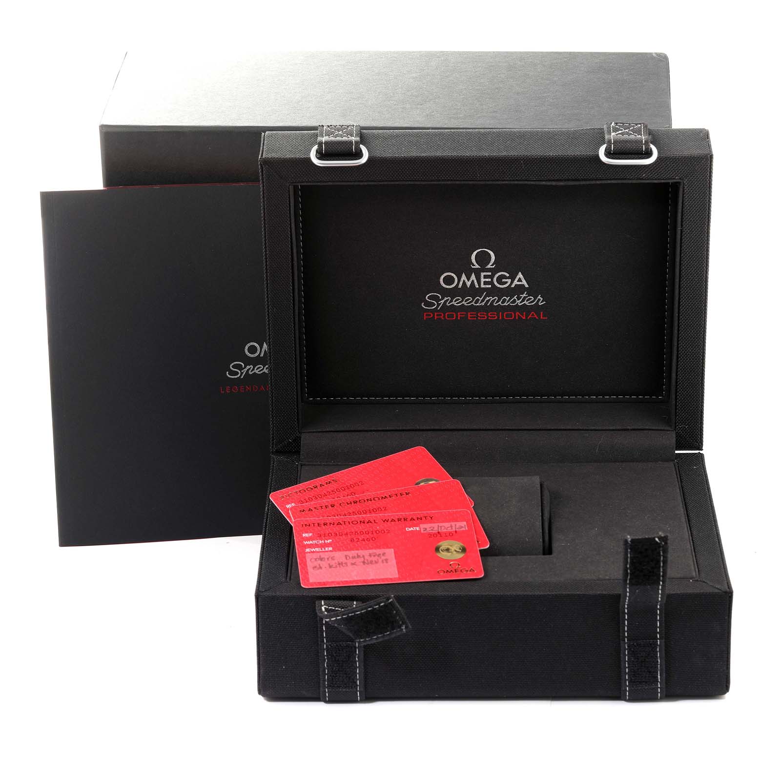 This image shows an Omega Speedmaster 310.30.42.50.01.002 Men
s Stainless Steel Black Dial 310.30.42.50.01.002 Men
s Stainless Steel Black Dial professional watch box, warranty cards, and packaging from a front angle.