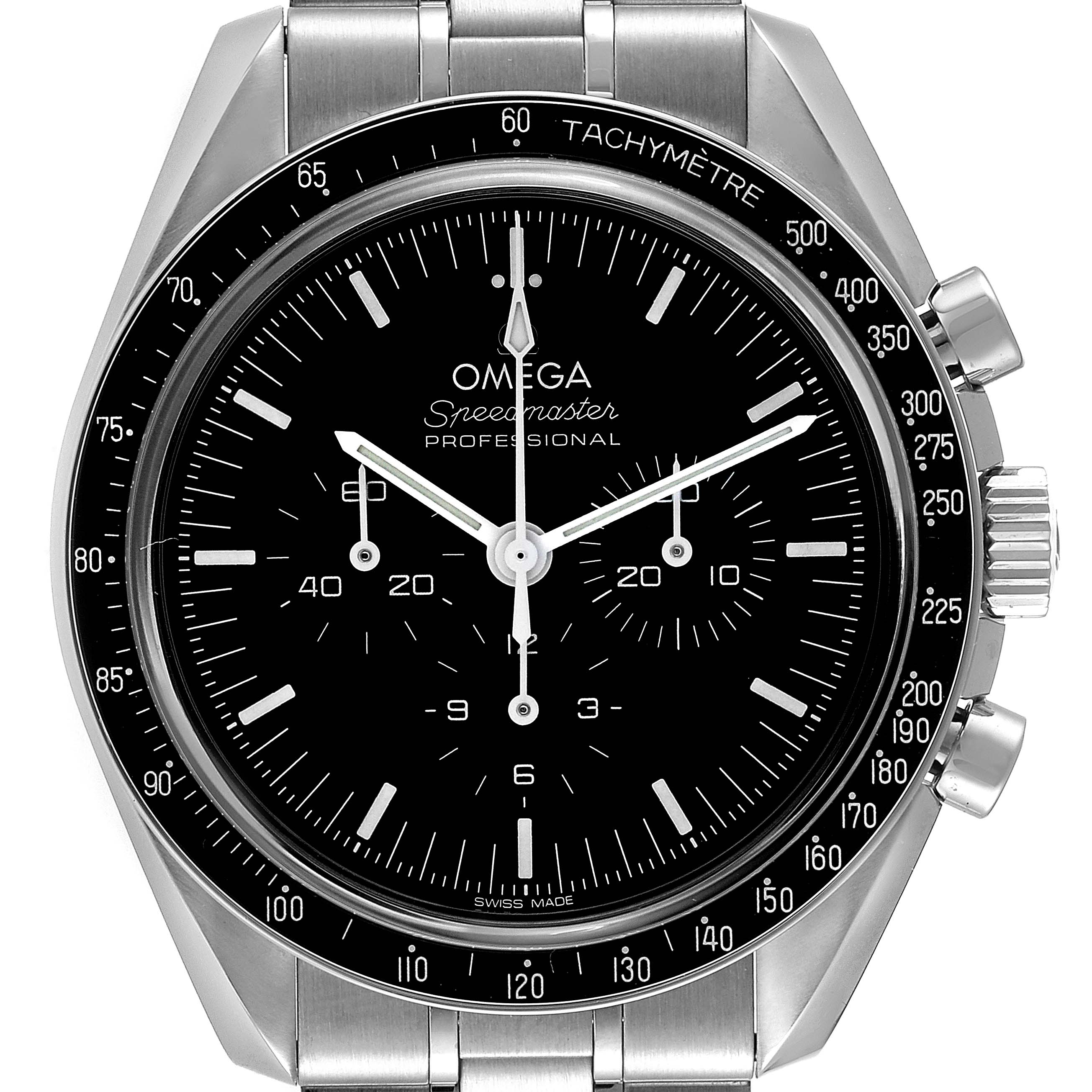 The image shows a front view of the Omega Speedmaster 310.30.42.50.01.002 Men
s Stainless Steel Black Dial 310.30.42.50.01.002 Men
s Stainless Steel Black Dial watch, displaying the dial, tachymeter bezel, and pushers.