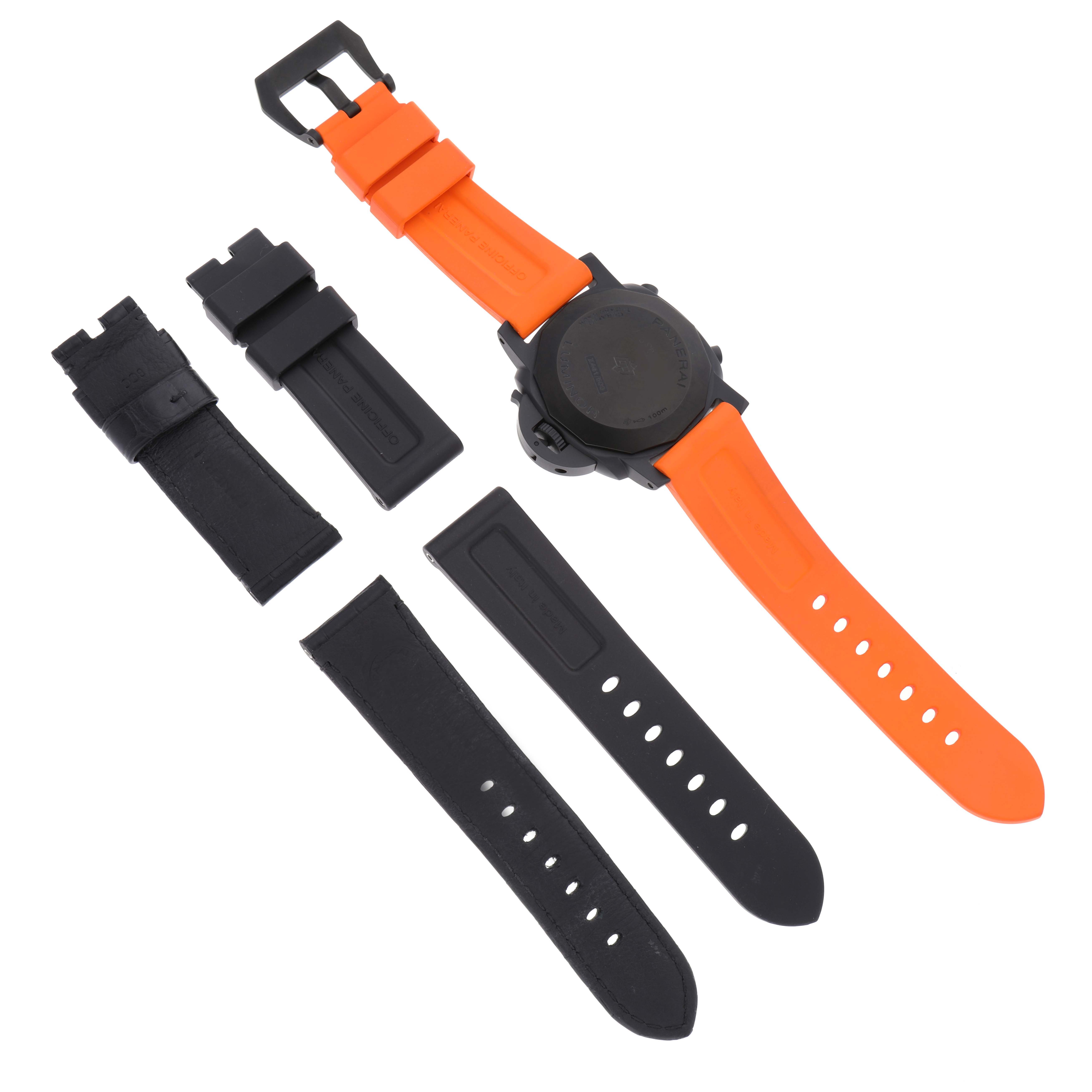 The image shows the back of the Panerai Luminor PAM01298 Men's Ceramic Black Dial PAM01298 Men's Ceramic Black Dial watch with orange and black straps and additional black strap accessories.