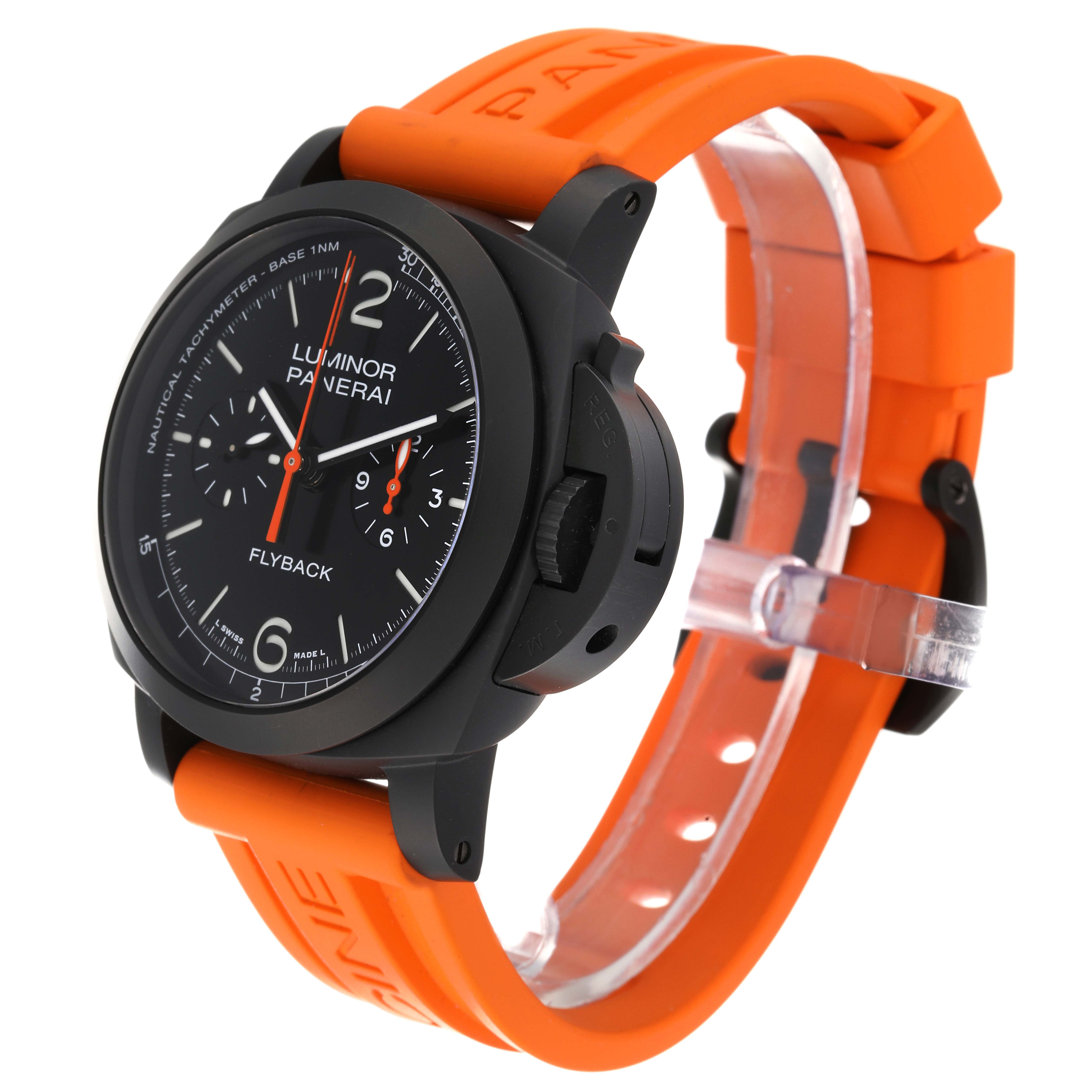 This image shows a Panerai Luminor PAM01298 Men's Ceramic Black Dial PAM01298 Men's Ceramic Black Dial watch at an angled side view, highlighting its black case and orange strap.