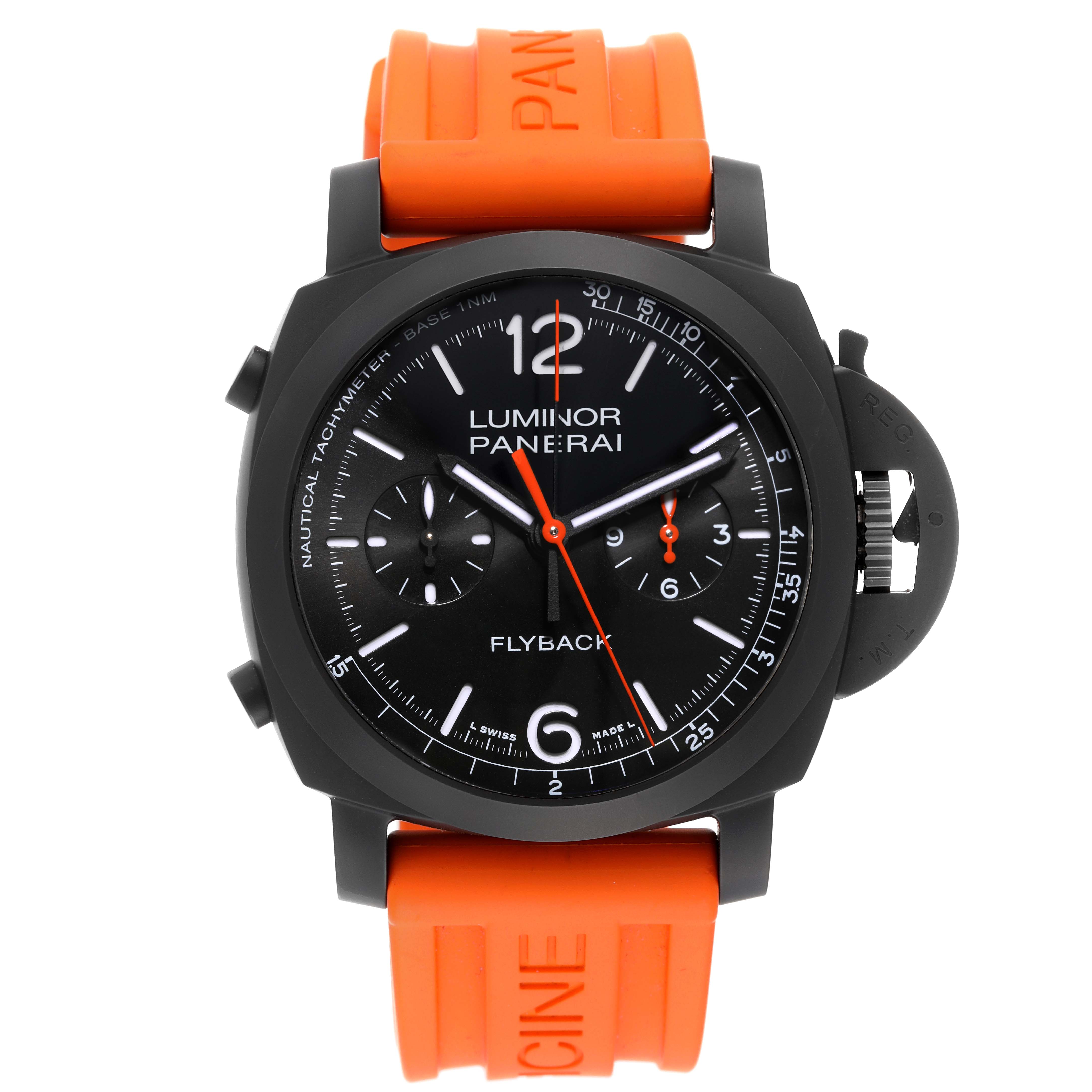 The image shows a front-facing view of a Panerai Luminor PAM01298 Men's Ceramic Black Dial PAM01298 Men's Ceramic Black Dial watch with an orange strap.